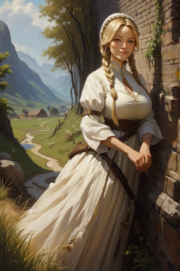 masterpiece, oil painting of Guinwen as a young shepherdess, 8K, 1 girl, realistic oil painting, pretty face, Gesicht von Guinwen, beautifully detailed eyes, sehr detailliert, blondes Haar, blonde Haare, graue Augen, sichtbare Taille, large breasts, huge breasts, Haaransatz, shepard, voll bekleidet, medieval, Portrait, Gebirge im Hintergrund, small farmhouses, full body, ((oil painting)), full cleavage, white dress, poor dress, braids, smiling, shy