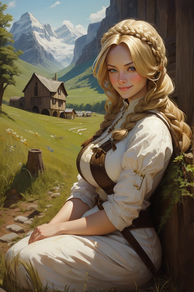 masterpiece, oil painting of Guinwen as a young shepherdess, 8K, 1 girl, realistic oil painting, pretty face, Gesicht von Guinwen, beautifully detailed eyes, sehr detailliert, blondes Haar, blonde Haare, graue Augen, sichtbare Taille, large breasts, huge breasts, Haaransatz, shepard, voll bekleidet, medieval, Portrait, Gebirge im Hintergrund, small farmhouses, full body, ((oil painting)), full cleavage, white dress, poor dress, braids, smiling, shy