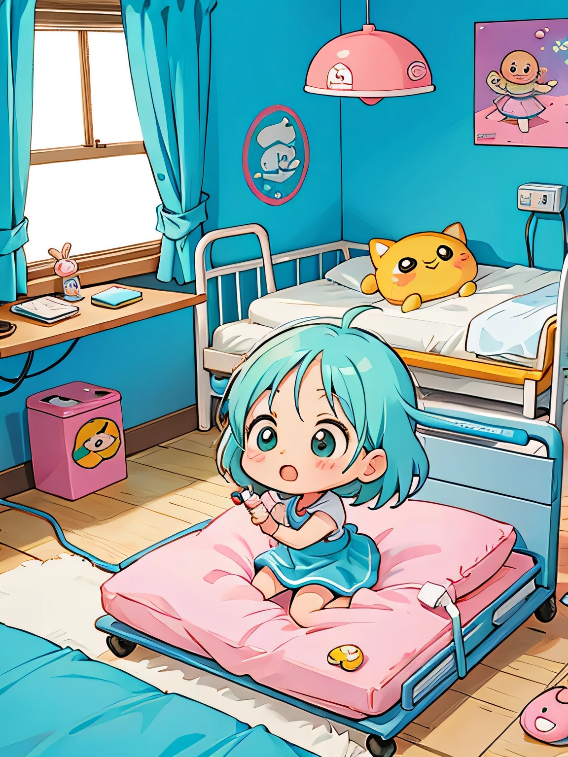 Akira Toriyama style, Kawaii Design, The most beautiful girl of all time、Chibi, play together、Cute Aliens, Hospital bed