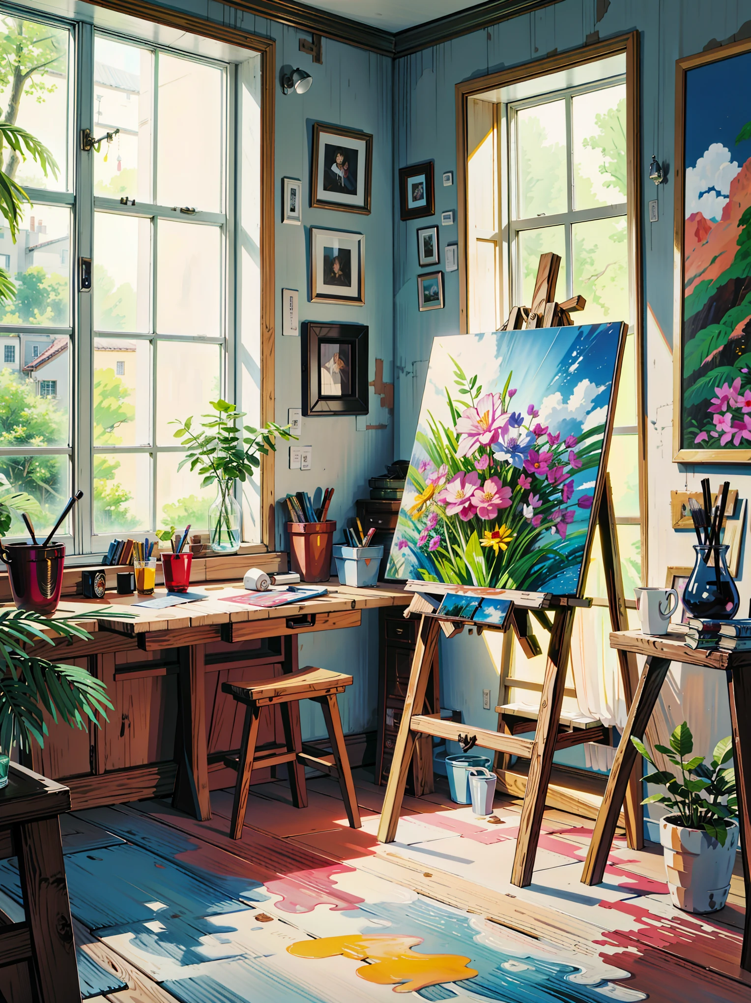 a painting on a easel in front of a window, art station 3 d, 3d 8k hd trending on art station, oil painting 4k, oil painting 4 k, 3 d virtual landscape painting, 4k photograph of painting, hyperrealistic 3d digital art, hyperrealistic 3 d digital art, 8k hd trending on art station, ultrarealistic oil painting,  4k hd, beautiful art uhd 4 k, a beautiful artwork illustration, beautiful digital painting, highly detailed digital painting, beautiful digital artwork, detailed painting 4 k, very detailed digital painting, rich picturesque colors, gorgeous digital painting