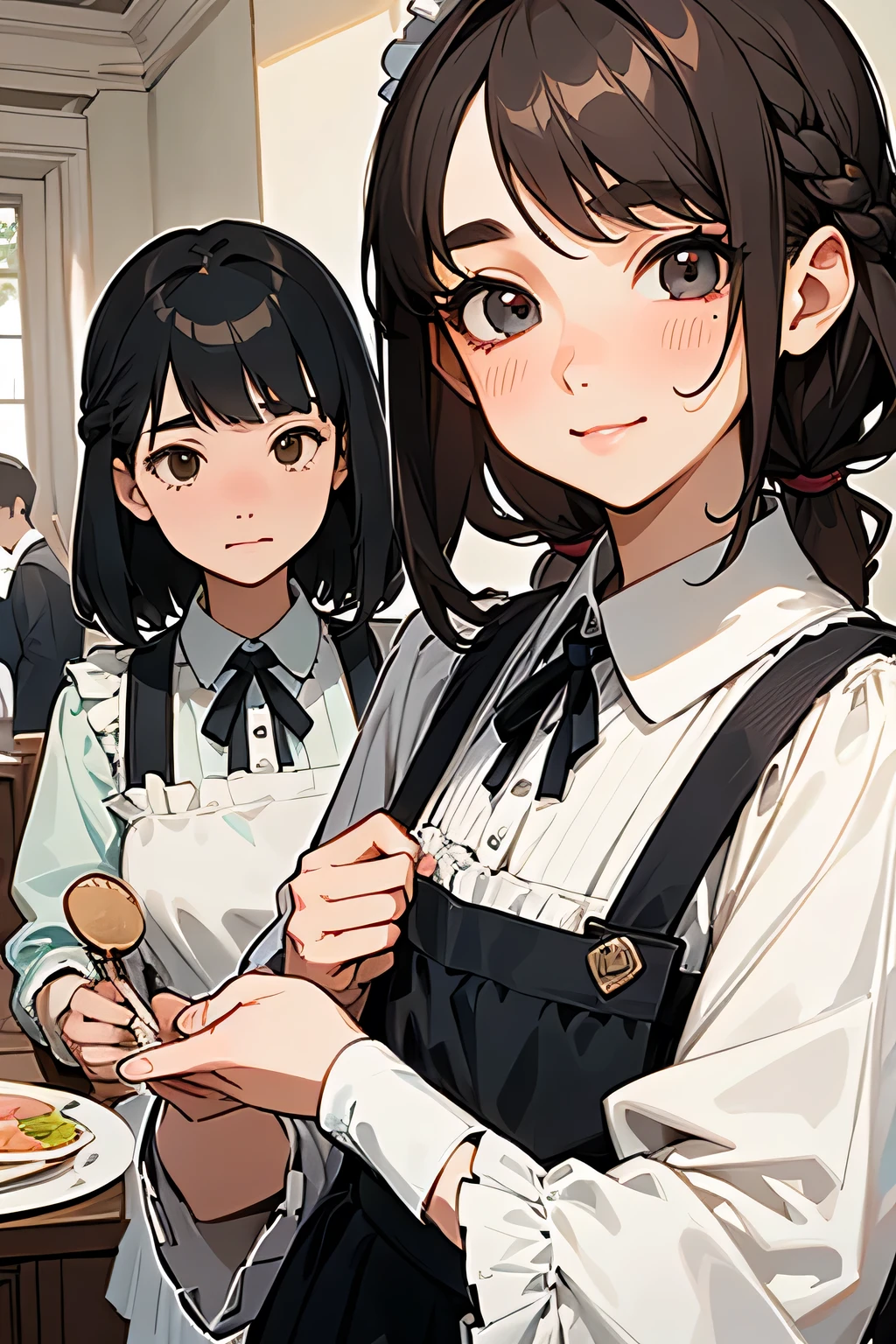highest quality、High resolution、Detailed Background、(Beautiful face in every detail:1.4)、Anatomically correct、(Draw the usual number of fingers:1.2)、(Detailed facial expressions)、(Detailed eyes:1.2)、(Detailed eyes:1.2)、Beautiful, smooth skin、Teenage beauty、(Three Women)、(Highly detailed face:1.4)、Black Hair、Brown Hair、ponytail、Bobcut、Braided long hair、Wavy Hairstyle、well-groomed eyebrows、Cute Eye Makeup、Cute Lip Makeup、Traditional Made、Western-style building、Large garden、

One of the maid&#39;s jobs is cleaning and organizing.、
Cleaning the room, vacuuming, making the bed、Responsible for daily cleaning and tidying, including organizing clothing、
Also prepares and serves food、Food preparation and cooking、Presentation of meals、Responsible for all food related duties including table setting、
Owner or family、Also responsible for taking care of visitors.、Assisting with taking care of my husband&#39;s clothes、Dealing with family and guests、Tea and alcohol service will be provided.、
I also take care of the clothes、Washing and ironing、We manage and maintain clothing, including repairing and storing it.、
Schedule management for housekeeping and service work、I plan my work and manage my time according to my family and husband&#39;s schedules.、
Owner or family、Also responsible for facilitating communication with visitors.、Polite service and smiling customer service、Communicate with appropriate manners、
Etiquette and manners also play a particularly important role、We will maintain proper table manners and etiquette, and strive to behave in an elegant and refined manner.、

Pair a black dress with a white apron、The frills and ribbon design on the apron add a nice accent.、
A soft arrangement with pastel colors will give you a cute impression.、Try choosing colors like pink and mint green.、
Lace and chiffon materials add a feminine and delicate touch.、Sleeves and aprons made with lace and chiffon、Try incorporating it into your design、
Ribbons and head accessories can add cuteness and accents.、Try adding ribbons to your dress or apron, or matching it with a headband or ribbon hair accessory.、Consider the appropriate accessories and shoes depending on the occasion and event you will be wearing the outfit.
