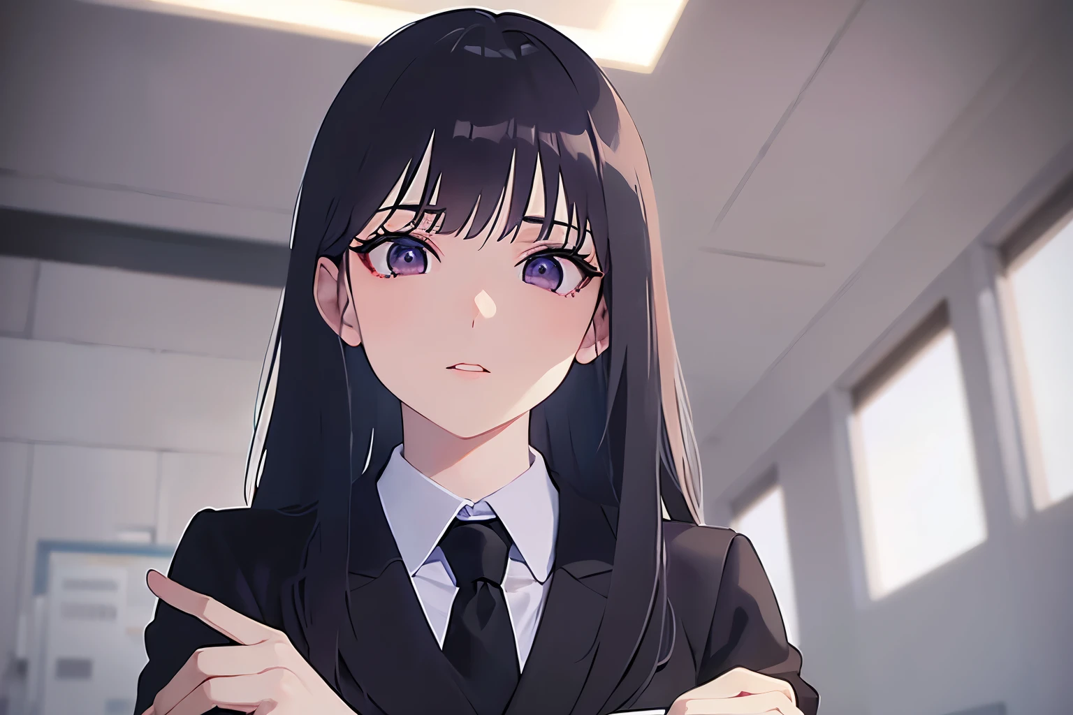 Shooting from below、Arms crossed、 Upper Body, Realistic, real person, (pale skin: 1.2), RAW photo, photorealistic, portrait photography, shiny skin, shiny hair、(A 25-year-old woman with straight hair and bangs) and (medium hair) and (black hair) and (purple eyes) , (business suit:1.5) and (white shirt)、Expressionless, Background is an office room、Alone、Are standing