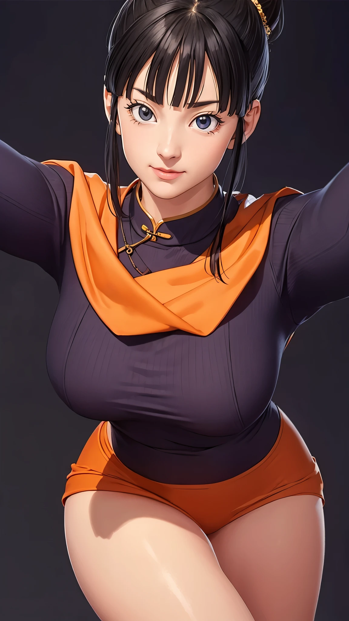 （（（完美figure，figure，solo， （（（orange pashmina wrap, purple cheongsam, ））），（（（dbzch1ch1，sidelocks, bangs, single hair bun, hair bun, (black eyes),））），((masterpiece)),high resolution, ((Best quality at best))，masterpiece，quality，Best quality，（（（ Exquisite facial features，Looking at the audience,There is light in the eyes，(（（Smile，Happy））)，））），型figure:1.7））），（（（Light and shadow，Huge breasts））），（（（Looking at the camera，black background）））