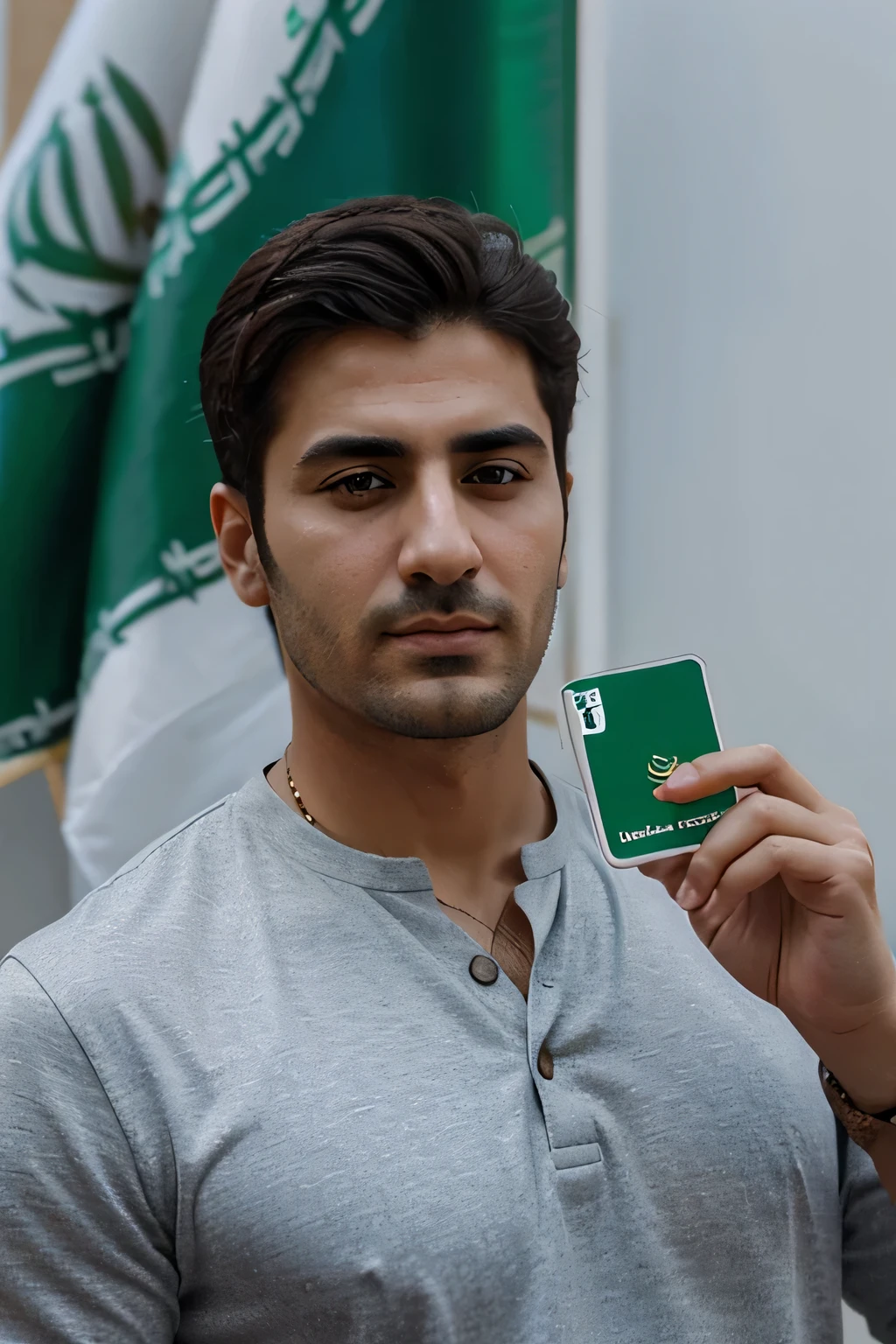 A handsome Iranian man with the Iranian flag behind him and a SIM card in his hand