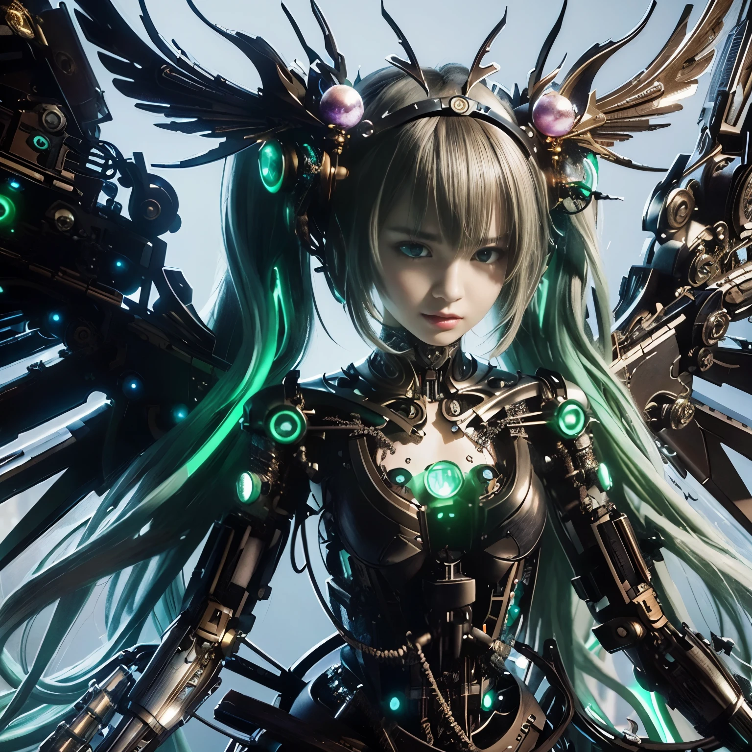 (top-quality:1.2, masterpiece)、ultra high resolution、extremely ultra surrealism, (Photorealsitic:1.4)、Raw photo、(Steampunk Battle Cyborg fallen angel)、large wings made of metal、black porcelain body、red  hair、glowy skin、1 Cyborg girl、(mechanical frame:1.3)japanese, extremely cute face,  ((super realistic details))、portrait、globalillumination、Shadow、octan render、8K、ultrasharp、character edge light、Details of complex ornaments、Acrylic Clear Cover、Sumerian details、Hydraulic cylinder、Small LED lamp、highly intricate detail、Realistic light、a purple eye、radiant eyes、Facing the camera、neon details、cowboy  shot、Futuristic headgear、About Cyberpunk