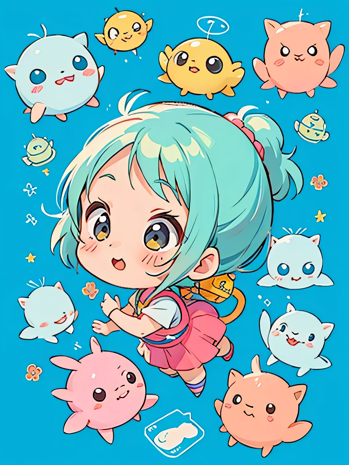 Akira Toriyama style, Kawaii Design, The most beautiful girl of all time、Chibi, play together、Cute Aliens,