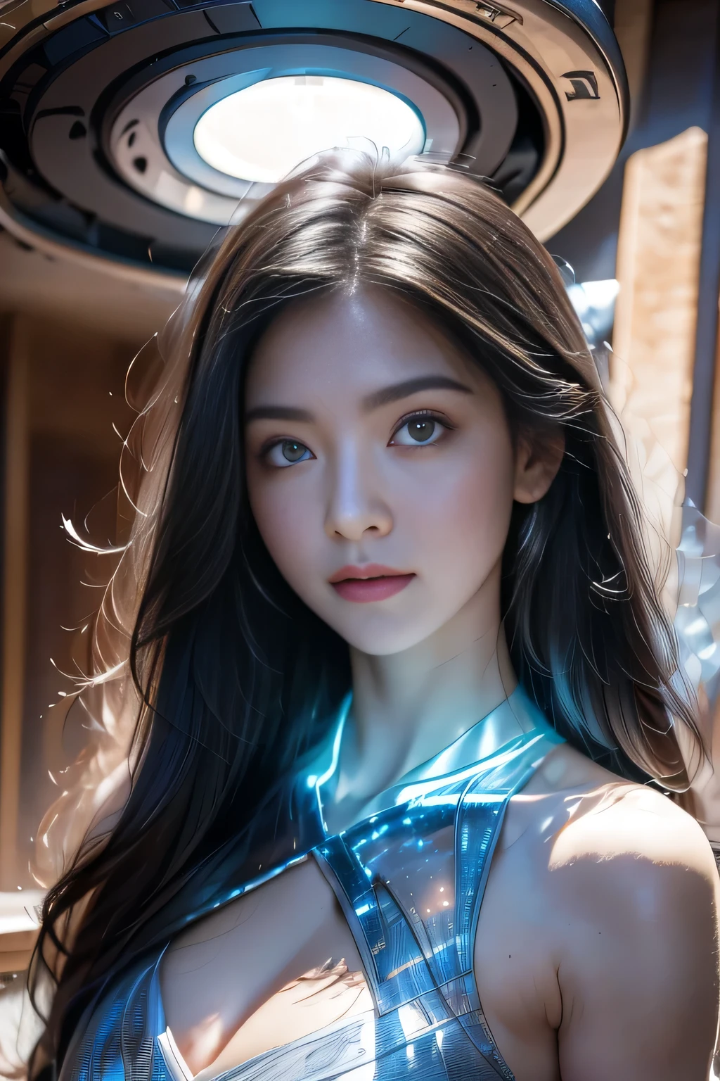 Black Hair, Hair shaking, victory, Long eyelashes, Solid round eye, A faint smile, ears red, direction, Surrealism, shadow, Relief, Stereogram, Standing picture, View, Atmospheric perspective, 8k, super detail, precise, best quality，The complete picture, Seven-hit shooting, 18 years old, Wearing transparent sci-fi clothes, Delicate face, detail, hand, ultimate detail, Stunning magnificence, LED Interior Lighting, Pedepin (fireplace) style, Fiber Hair, Glowing blue iris, Glowing blue iris. 