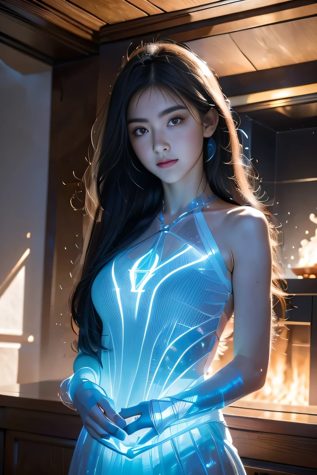Black Hair, Hair shaking, victory, Long eyelashes, Solid round eye, A faint smile, ears red, direction, Surrealism, shadow, Relief, Stereogram, Standing picture, View, Atmospheric perspective, 8k, super detail, precise, best quality,The complete picture, Seven-hit shooting, 18 years old, Wearing transparent sci-fi clothes, Delicate face, detail, hand, ultimate detail, Stunning magnificence, LED Interior Lighting, Pedepin (fireplace) style, Fiber Hair, Glowing blue iris, Glowing blue iris.