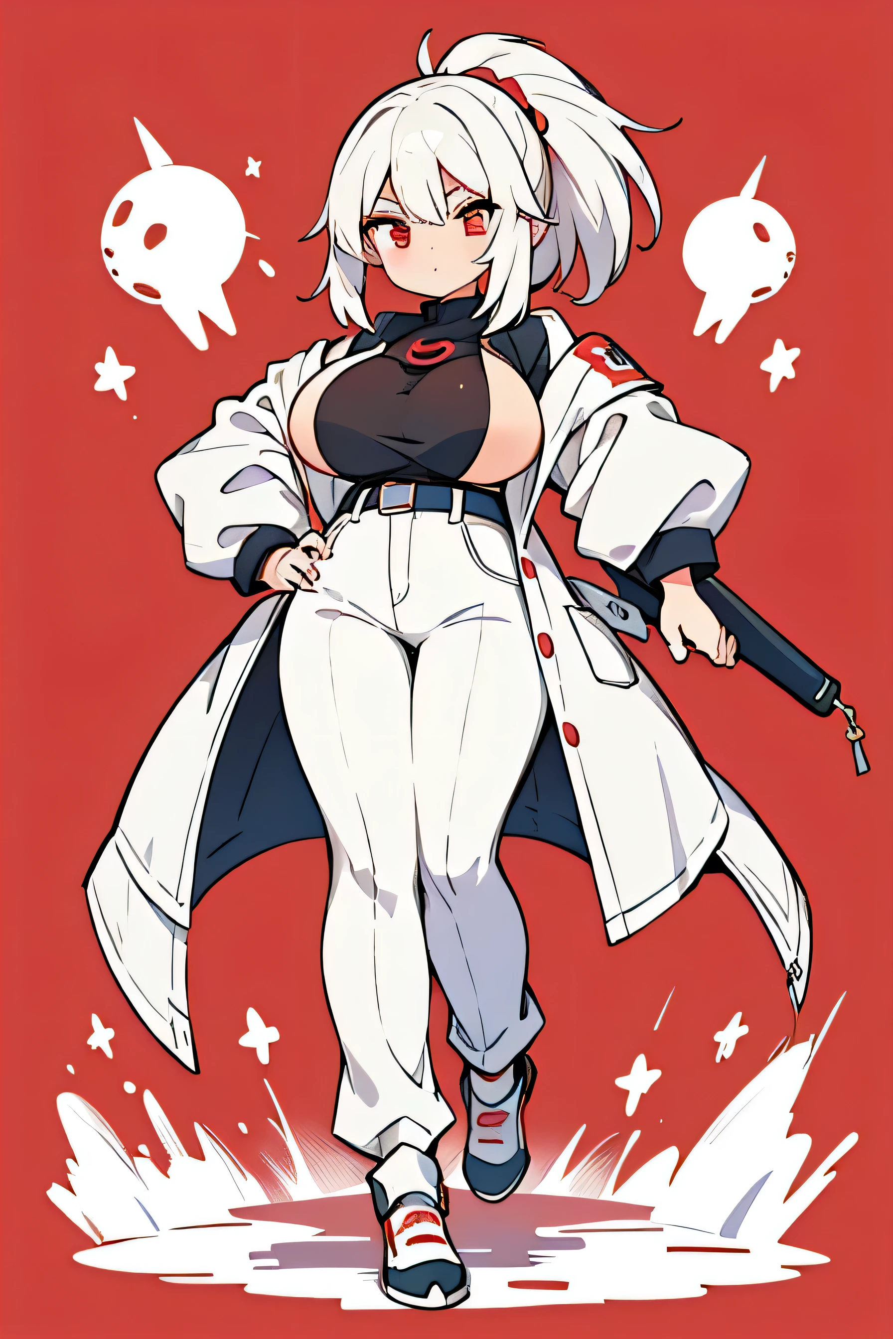 human aceburn pokemon; big breasts;full body;Aceburn Pokemon-inspired costumes;female;white clothes;white hair;red eyes;soccer;red pants;background white;No background;thick thighs