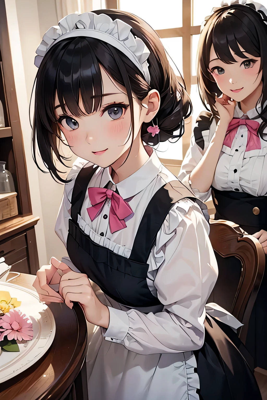 highest quality、High resolution、Detailed Background、(Beautiful face in every detail:1.4)、Anatomically correct、(Draw the usual number of fingers:1.2)、(Detailed facial expressions)、(Detailed eyes:1.2)、(Detailed eyes:1.2)、Beautiful, smooth skin、Teenage beauty、(Three Women)、(Highly detailed face:1.4)、Black Hair、Brown Hair、ponytail、Bobcut、Braided long hair、Wavy Hairstyle、well-groomed eyebrows、Cute Eye Makeup、Cute Lip Makeup、Traditional Made、Western-style building、Large garden、
One of the maid's jobs is cleaning and organizing.、
Owner or family、Also responsible for taking care of visitors.、Assisting with taking care of my husband's clothes、Dealing with family and guests、Tea and alcohol service will be provided.、
I also take care of the clothes、Washing and ironing、We manage and maintain clothing, including repairing and storing it.、
Schedule management for housekeeping and service work、I plan my work and manage my time according to my family and husband's schedules.、
Owner or family、Also responsible for facilitating communication with visitors.、Polite service and smiling customer service、Communicate with appropriate manners、
Etiquette and manners also play a particularly important role、We will maintain proper table manners and etiquette, and strive to behave in an elegant and refined manner.、
Pair a black dress with a white apron、The frills and ribbon design on the apron add a nice accent.、
A soft arrangement with pastel colors will give you a cute impression.、Try choosing colors like pink and mint green.、
Lace and chiffon materials add a feminine and delicate touch.、Sleeves and aprons made with lace and chiffon、Try incorporating it into your design、
Ribbons and head accessories can add cuteness and accents.、Try adding ribbons to your dress or apron, or matching it with a headband or ribbon hair accessory.、Consider the appropriate accessories and shoes depending on the occasion and event you will be wearing the outfit.
