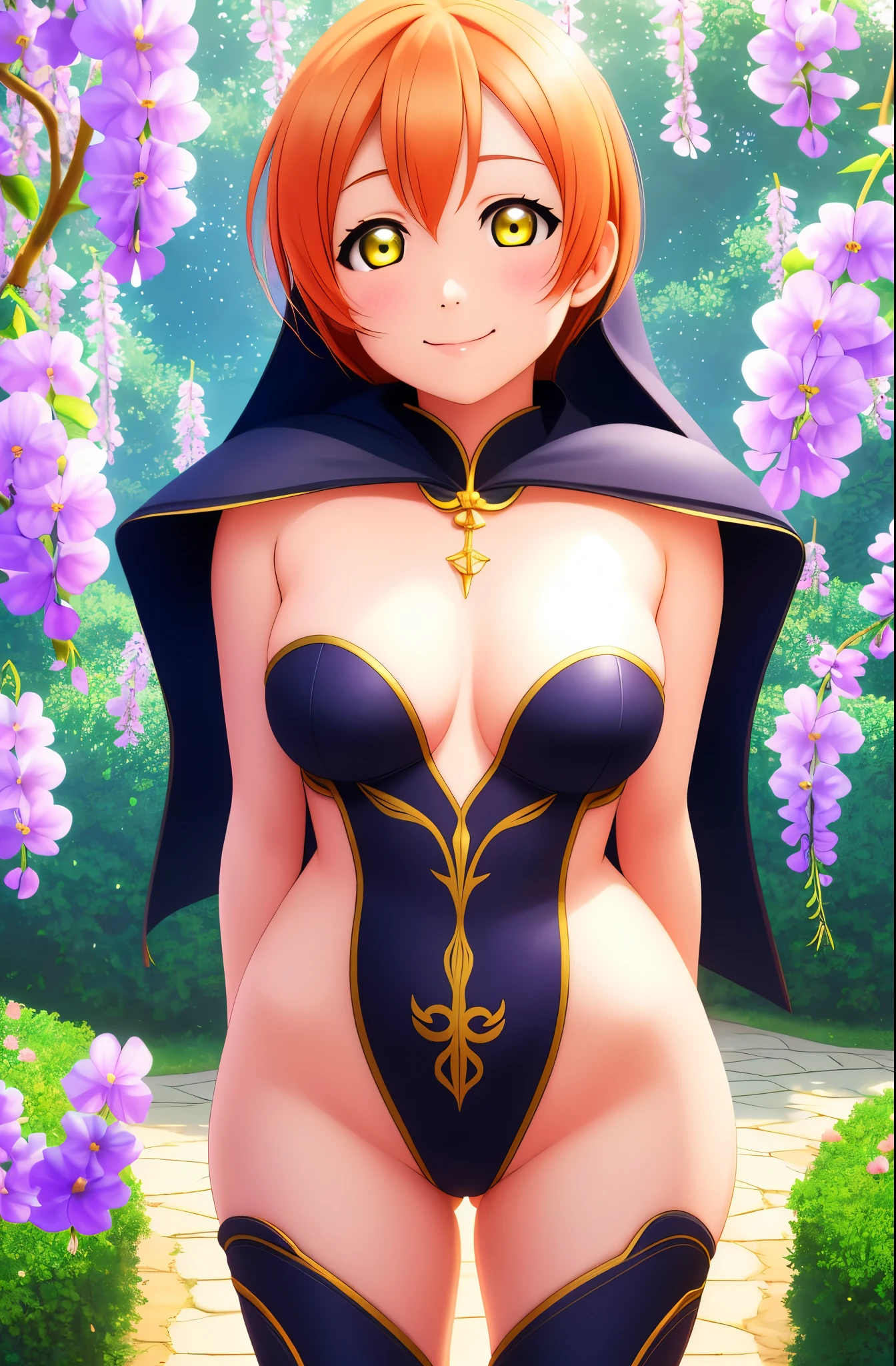 (best quality,4k,8k,highres,masterpiece:1.2),ultra-detailed,(realistic,photorealistic,photo-realistic:1.37),Hoshizora Rin,yellow eyes, orange hair, solo,strapless leotard,big breasts,beautiful detailed eyes, arms behind back,extremely detailed eyes and face,longeyelashes,pink blush,looking at viewer,body proportions,cute expression,standing pose,sexy smile,soft colors,feminine,charming,wisteria flowers,cape,glowing light,flower petals, breezy environment,Lovely,HDR,UHD,vivid colors