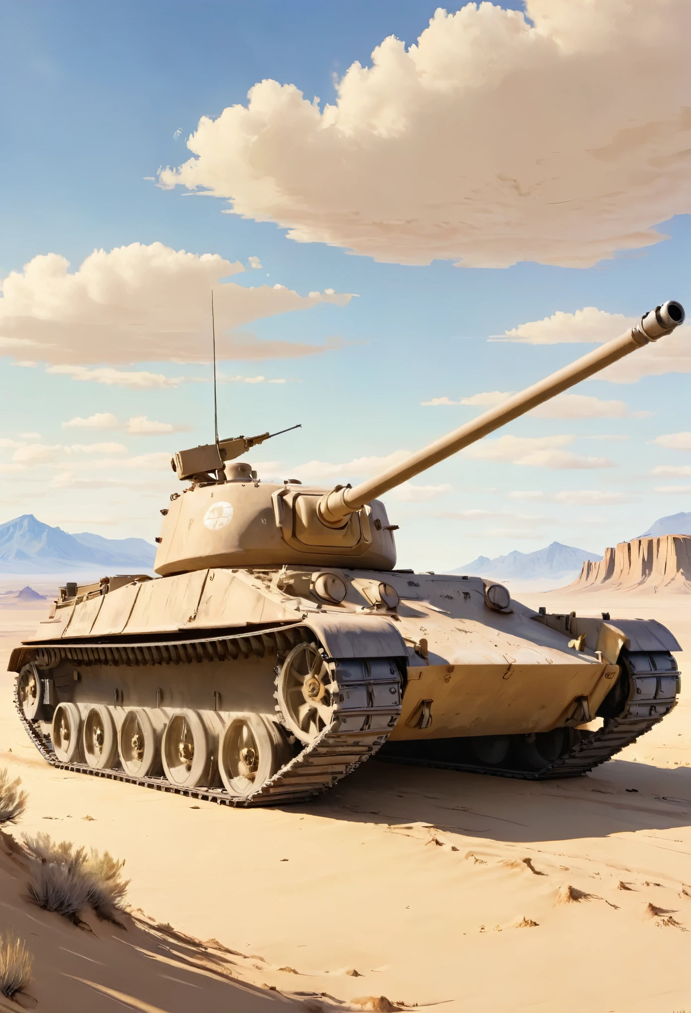 A chftntank tank positioned on a sandy desert hilltop, overlooking an arid landscape with distant mountains under a clear blue sky.  ((pulp_comic, heavy_lines, hand_drawn, hand_inked, hand_colored, perfect_face, apxlz))