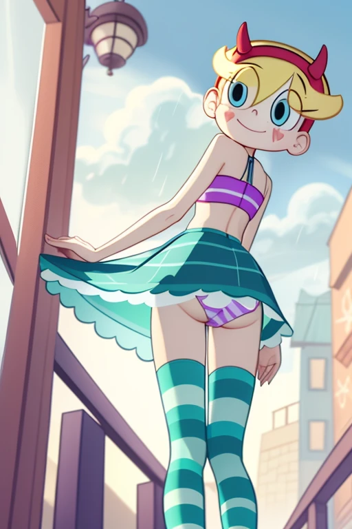 (masterpiece, best quality, high resolution:1.4), 1girl, woman, star butterfly, flat torso, happy, cloud outfit, pouch, horn_hairband, looking at viewer, pantyhose upskirt focus view, green striped panties, panties close focus, under view, skirt lift, lowered panties, front view, wet legs