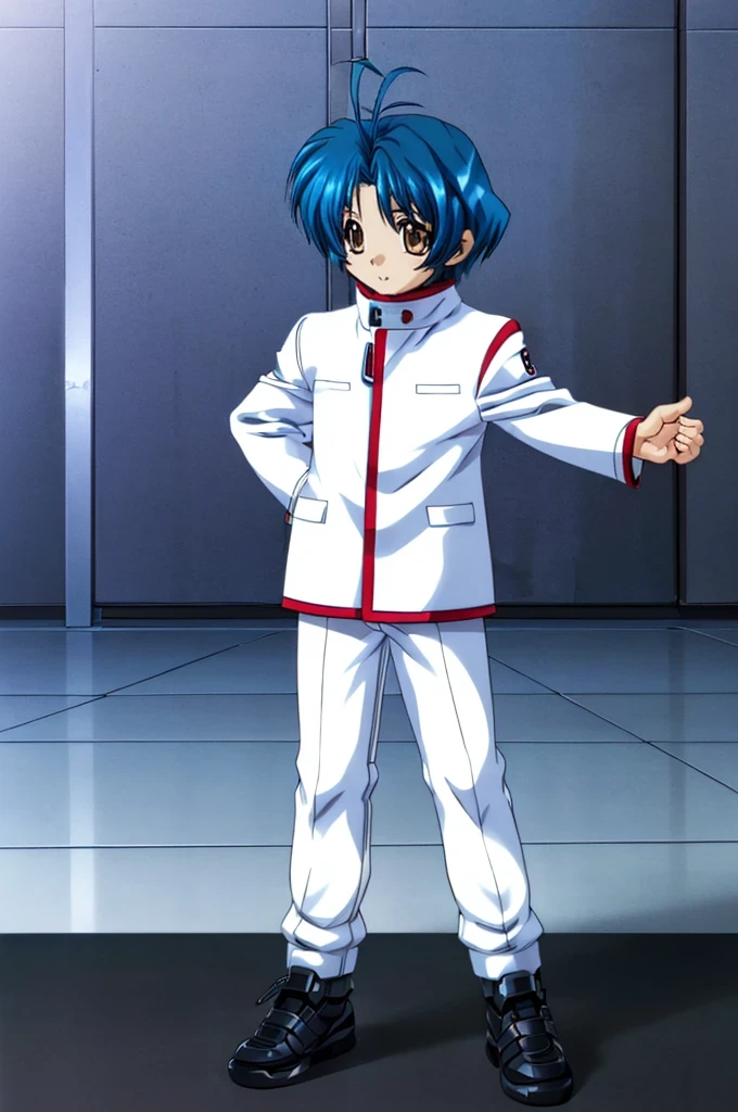 (masterpiece:1.3),(highest quality:1.4),(ultra detailed:1.5),High resolution,extremely detailed,unity 8k wallpaper,Official Art,Perfect Anatomy,(Anime screenshots:1.11),(90s Anime,90s Anime style,cell shaded anime:1.17),((solo:1.52)),(1990s \(style\),retro artstyle:1.5),
 Armor Mikoto, Brown eyes, Blue Hair, Antenna Hair,((White clothes:1.7)),((White Gakuran:1.52)),(shota:1.7)