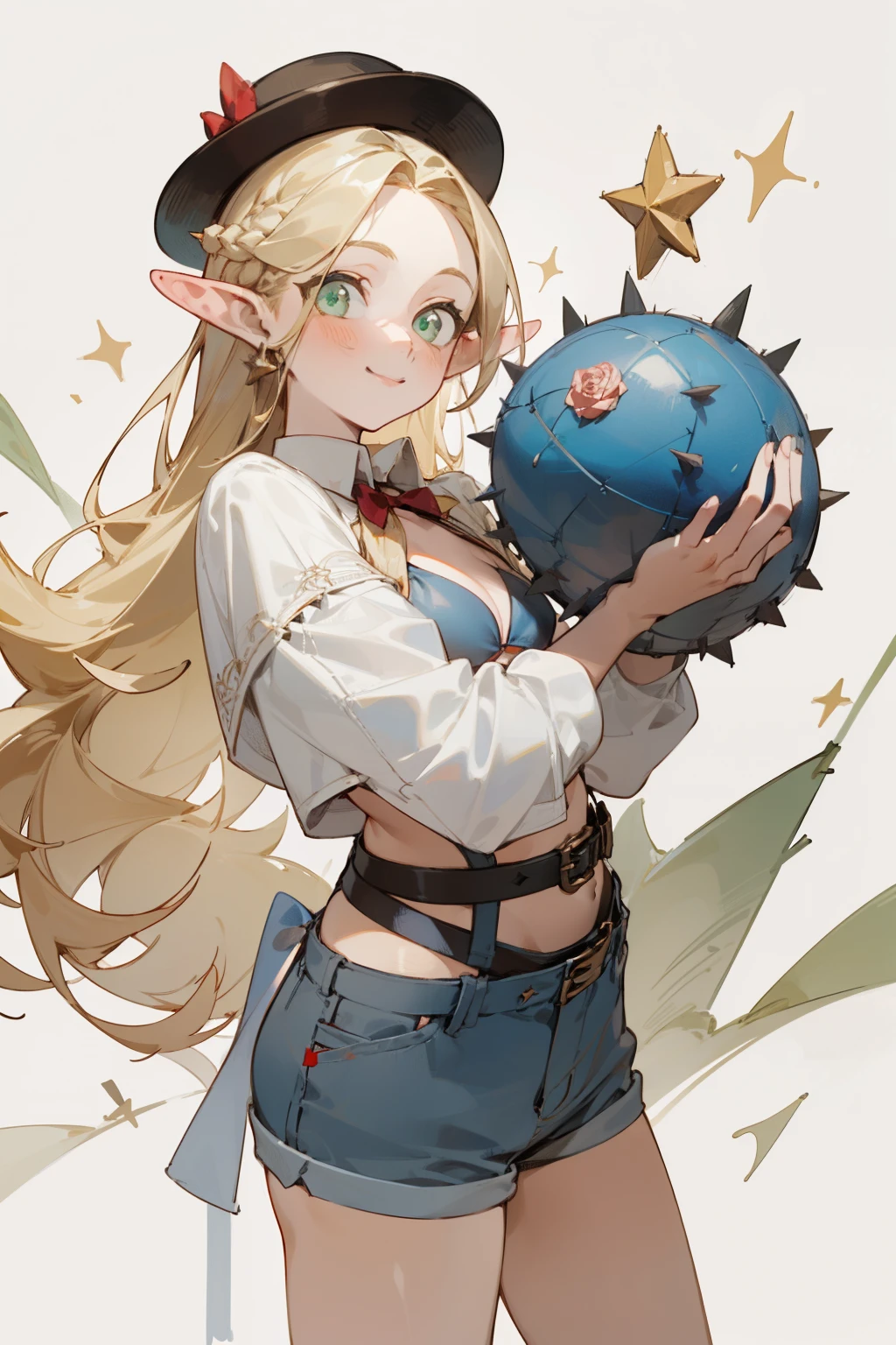 A bikini、girl in a hat，(masterpiece, best quality) detailed,silver accessories , Blonde ,elegant, Pointed ears ，White shirt，shorts，Double tail，Waist-length hair，Smile，Star decoration，White lace socks，thorns，Rose