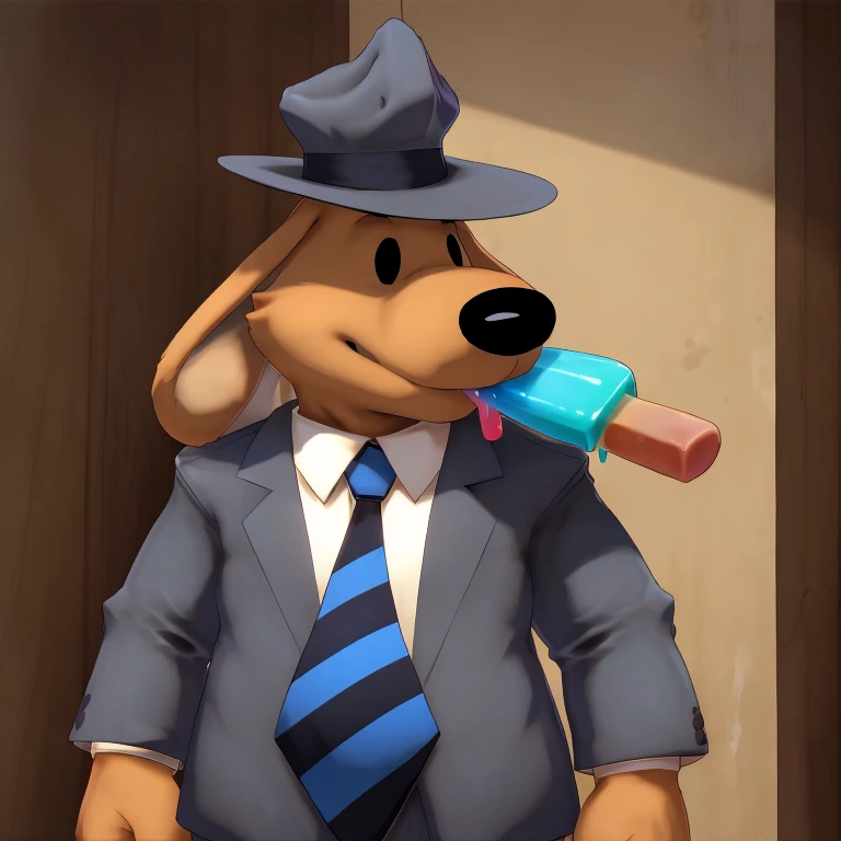 Male, solo, upper body, mature, tall, slightly chubby, floppy ears, black eyes, brown fur, blue grey suit, hat, blue tie with black stripes, licking popsicle
