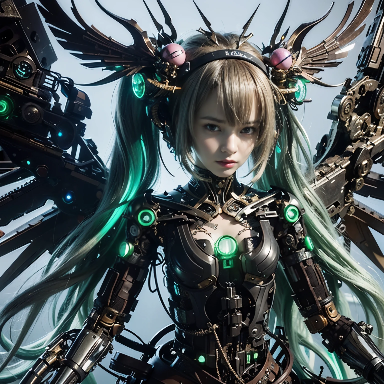 (top-quality:1.2, masterpiece)、ultra high resolution、extremely ultra surrealism, (Photorealsitic:1.4)、Raw photo、(Steampunk Battle Cyborg fallen angel)、large wings made of metal、black porcelain body、red  hair、glowy skin、1 Cyborg girl、(mechanical frame:1.3)japanese, extremely cute face,  ((super realistic details))、portrait、globalillumination、Shadow、octan render、8K、ultrasharp、character edge light、Details of complex ornaments、Acrylic Clear Cover、Sumerian details、Hydraulic cylinder、Small LED lamp、highly intricate detail、Realistic light、a purple eye、radiant eyes、Facing the camera、neon details、cowboy  shot、Futuristic headgear、About Cyberpunk