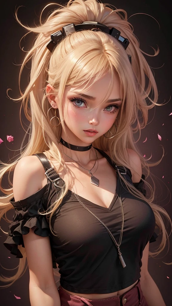 Beautiful girl , slim fit body , blonde hair , crop top , rose pink lips,