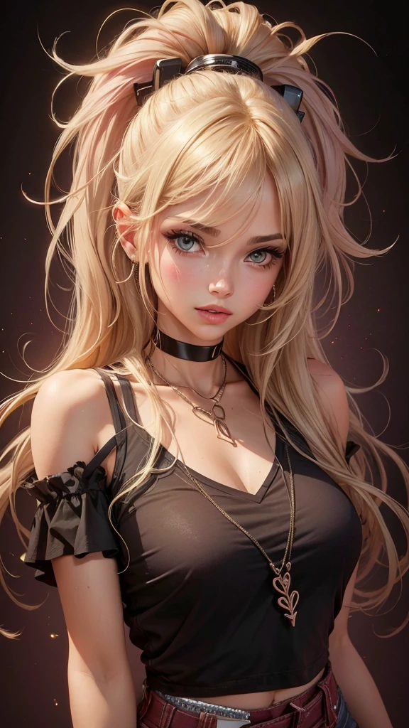   Beautiful girl , slim fit body ,   blonde hair , crop top , rose pink lips,  