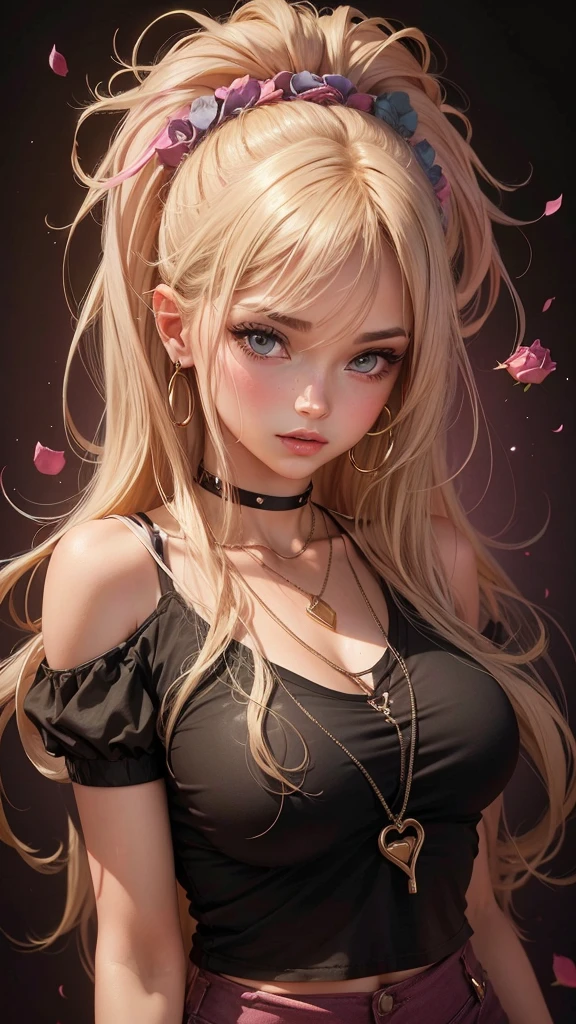Beautiful girl , slim fit body , blonde hair , crop top , rose pink lips,