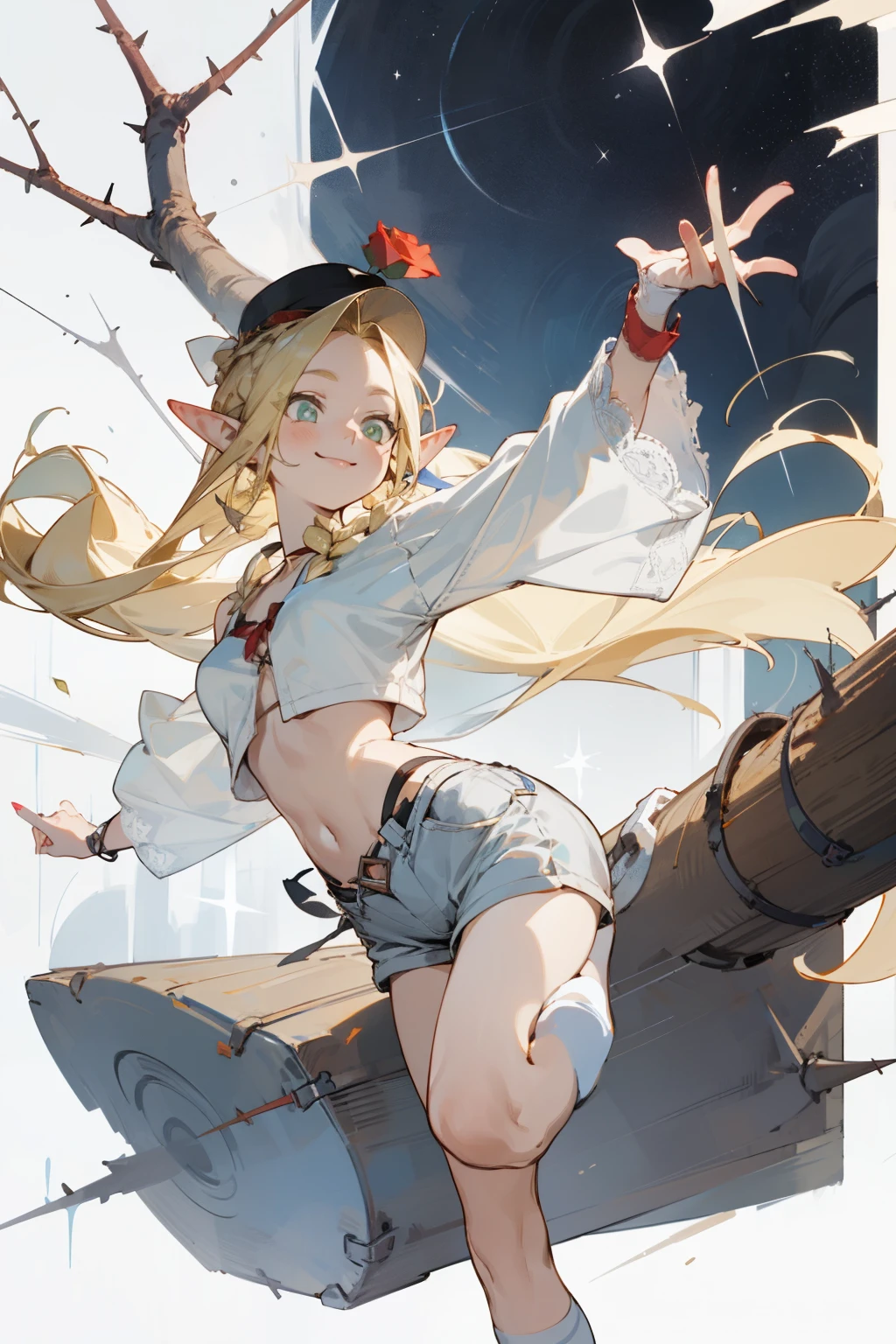 A bikini、Blonde girl wearing hat and silver accessories ,elegant, Pointed ears ,White shirt and shorts,Waist-length hair,Smile,Star decoration,White lace socks,thorns,Rose
