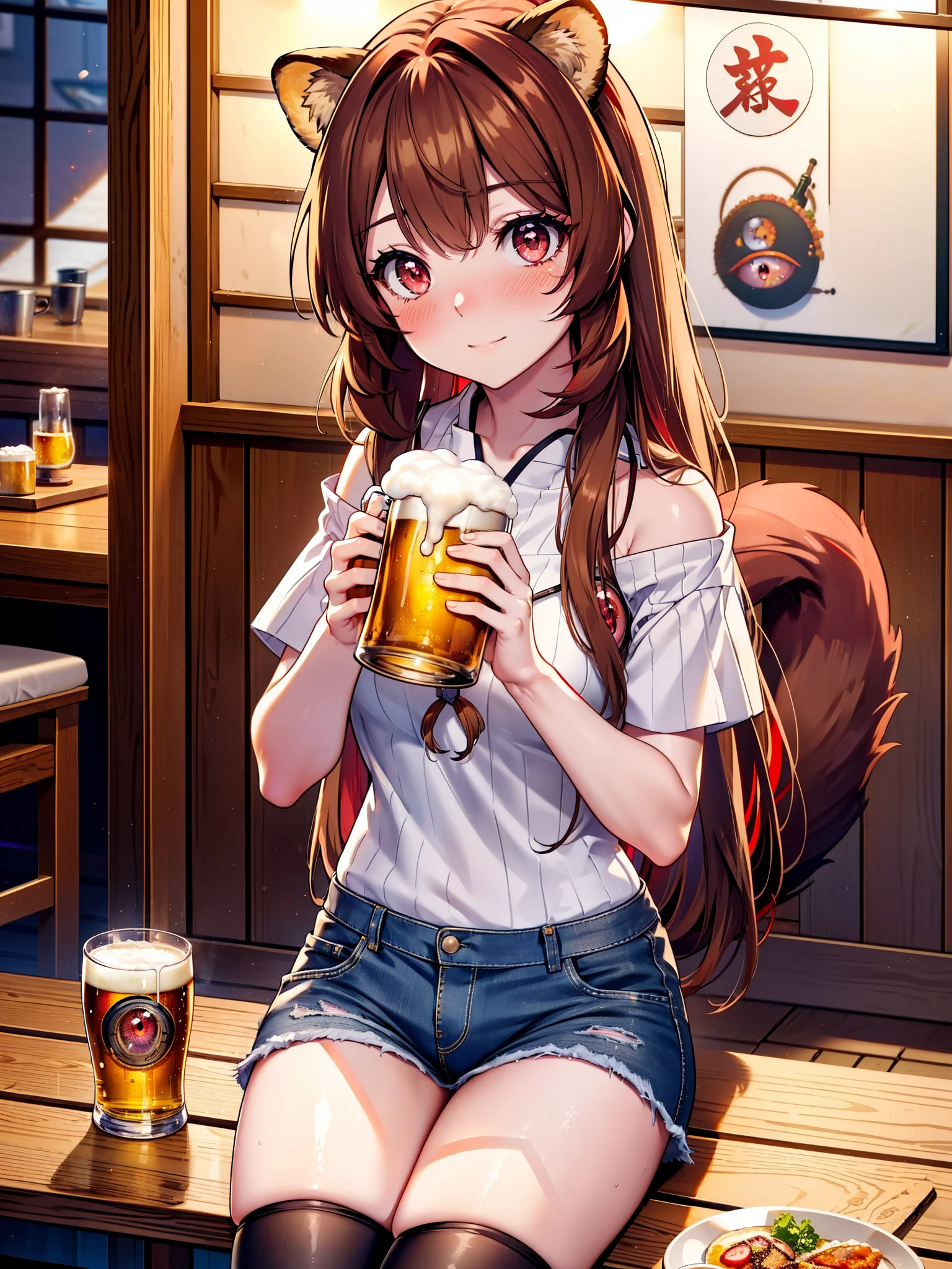 Raphtalia, Raphtalia, Animal ears, Brown Hair, Long Hair, Raccoon Ears, Raccoon Girl, racoon tail, (Red eyes:1.5), smile,blush,I'm drunk,tail,smile,Off-the-shoulder knit top, short sleeve,,Short denim,Black knee socks,There is food and beer mugs on the table,Holding a beer mug in both hands,Sitting in a chair,Break indoors,Izakaya ,壊す looking at viewer, (Cowboy Shot:1.5),highest quality, High resolution, unity 8k wallpaper, (shape:0.8), (Beautiful detailed eyes:1.6), extra detailed face, Perfect lighting, extremely details CG, (Perfect hands, Perfect Anatomy), (