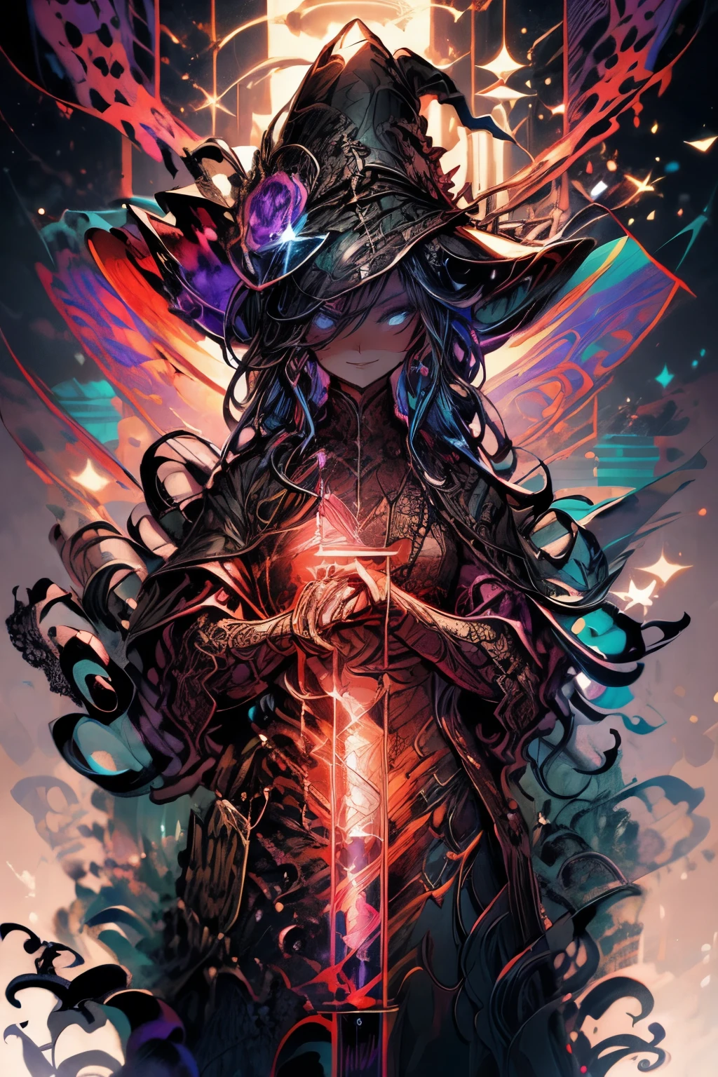 Extremely gorgeous lace witch,lesbian,witch,masterpiece,The witch is casting magic mixed with various elements
