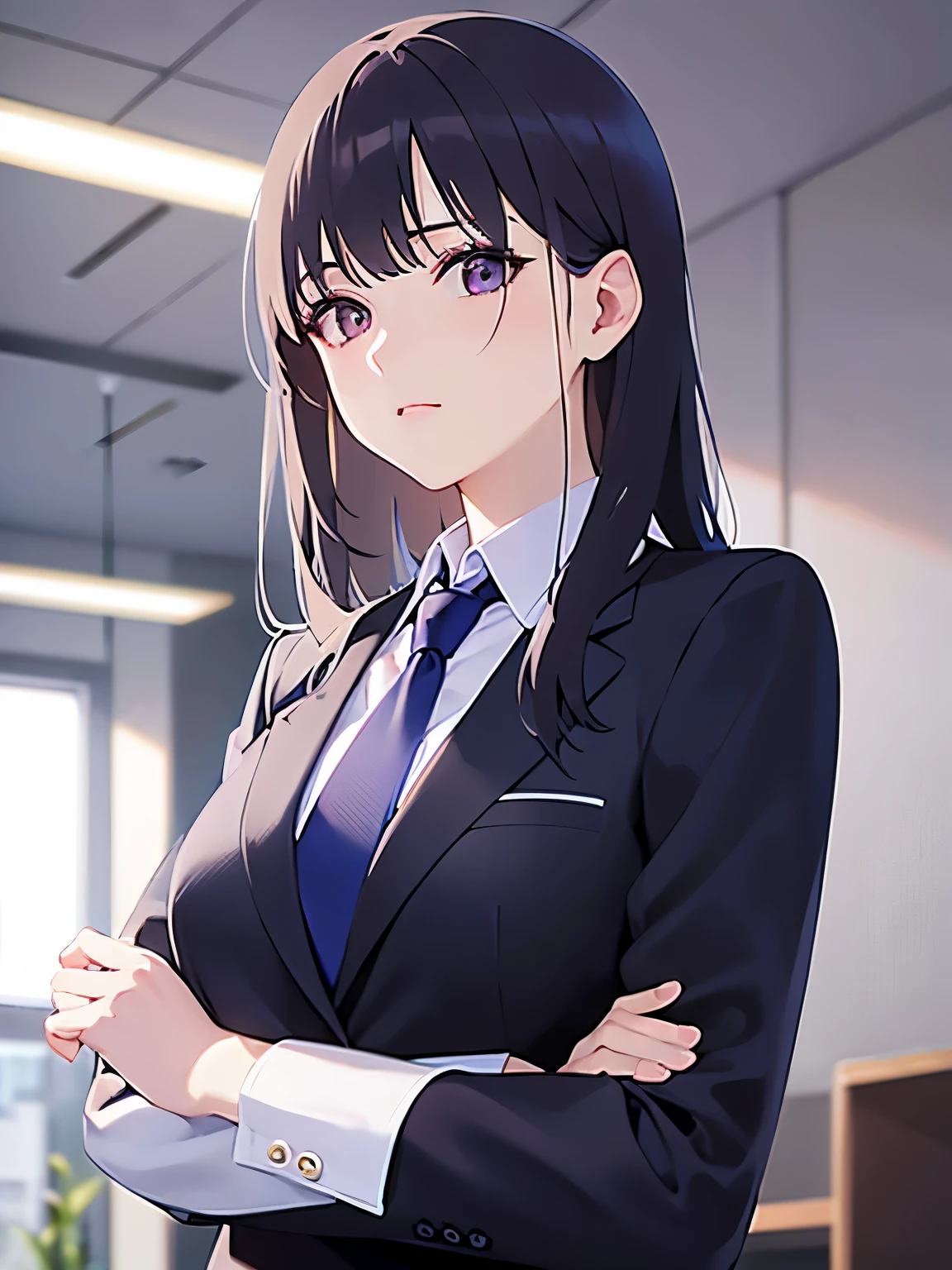 Shooting from below、Arms crossed、 Upper Body, Realistic, real person, (pale skin: 1.2), RAW photo, photorealistic, portrait photography, shiny skin, shiny hair、(A 25-year-old woman with straight hair and bangs) and (medium hair) and (black hair) and (purple eyes) , (business suit:1.5) and (white shirt)、Expressionless, Background is an office room、Alone、Are standing