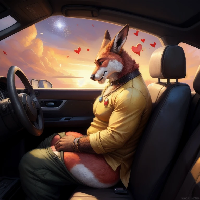 (male:1.5), (((yellow topwear))), uniform, (humble smile), looking at viewer, (absurd res), ((ultra high resolution)), (((masterpiece quality))), ((side view)), ((breathtaking painstakingly detailed background)), ((impressive lighting)), ((sunset clouds)), ((floating hearts)), ((sparkles)), confetti, sunlight, ⫷|⫸ foxovh, sligarthetiger, cumbread, gammainks, seibear, lollipopcon, dizzyknight, greasymojo, xpray, roly, honovy, taran fiddler, kenket, riendonut, Bayard Wu, Thomas Benjamin Kennington, Duase, ⫷|⫸, jewelry, necklace, bracelet, earring, body accessory, ear accessory, arm accessory, neck accessory, (feet accessory), ⫷|⫸ (fuzzy furry body:1.6), (tall body), ((fur pattern)), ((exotic mammal)), (short tail), slightly chubby anthro, (stunningly beautiful legs), (detailed face), (mature anthro:1.6), ((long ears)), 🟥🦊, kangaroo, doe, fox, ((solo)), (yellow collar working shirt), (yellow & red shirt) big butt, beautiful eyes, dutch angle, ⫷|⫸ sitting, (passenger seat), (inside car), (((doordash promotional art))), looks like a doe, (((pants down))), ((buttcrack)), stubby tail, crimson fur, ((waiting)), anus