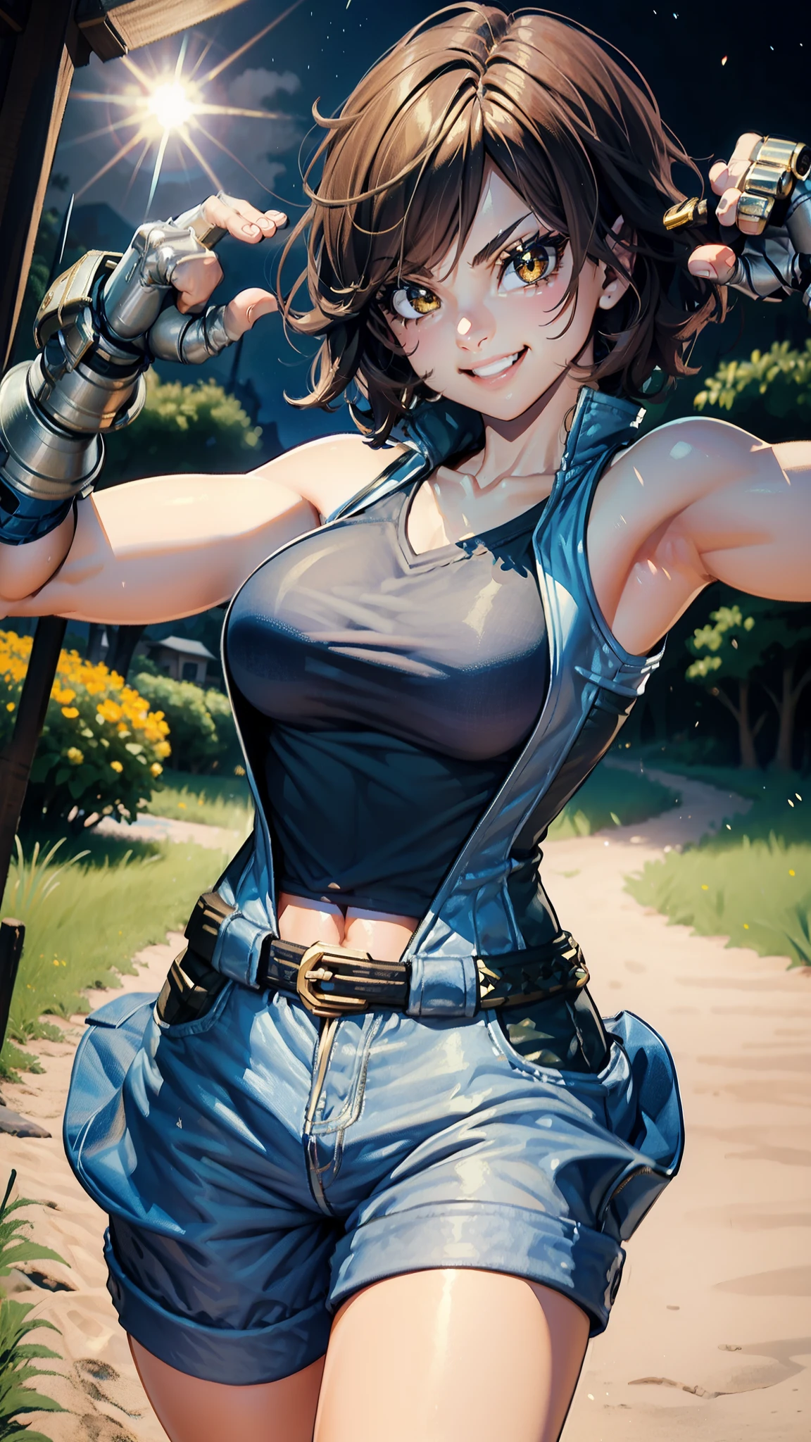 short hair, brown hair, yellow glowing eyes, perfect lips,big smile , confident smile,cute expression, cute face, walking in the campfield,  golden power  gauntlets,  gun, tank top, jacket, alert pose, ultra detailed face, long eyelashes, sharp eyes , Fullbody shot, dinamic viewer, night sky , dinamic point of view, diferents point of view, campfield, bonfire 