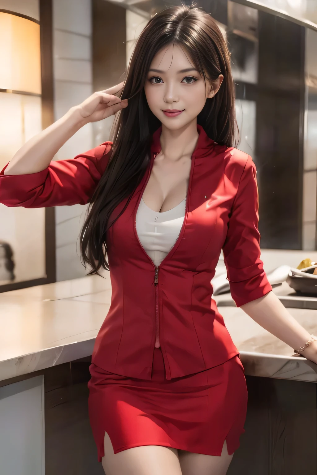 (masterpiece:1.2, highest quality:1.2), 32K HDR, High resolution, (alone, 1 girl), (Realistic style with AirAsia flight attendant uniforms), (At the airport counter, Professional Lighting)、A proper woman, Beautiful Face, air asia uniform、(Unzipped red jacket、AirAsia uniform long sleeve red jacket、AirAsia uniform red tight skirt、AirAsia uniform white shirt unbuttoned)、AirAsia uniform shirt cleavage reveals big 、Long hair that reaches down to the legs、Dark brown hair、Long Shot、((Fine hand:2.0)),((Harmonious body proportions:1.5)),((Normal limbs:2.0)),((Normal finger:2.0)),((Delicate eyes:2.0)),((Normal eyes:2.0)))、Beautiful standing posture