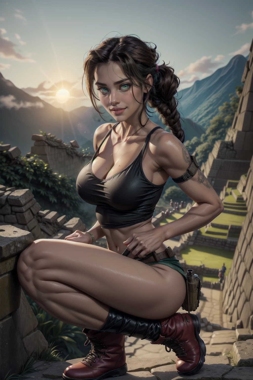 Tomb Raider epic scene Realistic 2,5D masterpiece,( vivid colorsm, amazing blue sky with a huge bright sun ), 8k , HDR+ultra high quality image showing a beautiful and sexy Lara Croft , she teasing the viewer ,( perfect fitness body with huge natural breast and round bubble butt ) , (((Lara Croft typical clothes))) , her breast popping in her sexy camisole with a revealing neckline, she wear a sexy small green kaki cargo short , black military boots and one holster gun strapped on her leg , magnificent skin with a realistic look, glistening with sweat, reflecting the reflections of light in an ultra-realistic way , shown to have a fairly slender figure. She has dark brown hair with a pony tail and large seductive pale green eyes, seductive smile, ((The Machu Picchu ruins appear at long distance far away in the background , realistic and detailed Machu Picchu )) , in a epic Tomb Raider style scene, ((full body shot view )) in a natural and dynamic pose , ((the amazing vivid blue sky is full of bright colors, reflecting the light of the shinny sun on her perfect skin. The big gorgeous shinning sun adds a magical atmosphere to the photo, and highlights the beauty of the moment . (((The seductive smile and cute expression on the girl's face and her playful eyes teasing the viewer add an element of hotness and erotic tension to the picture))). While the splendor of the scene in the background in the style of a tomb raider epic scene reflect the girl's exploration and adventurous spirit., huge cleavage exposed, huge round breasts, superior quality, many details, Puri focus Sharp and realistic , cropped top and a small mini green short , perfect hands, detailed hands, perfect eyes, detailed eyes, realistic, HDR, UHD, dynamic