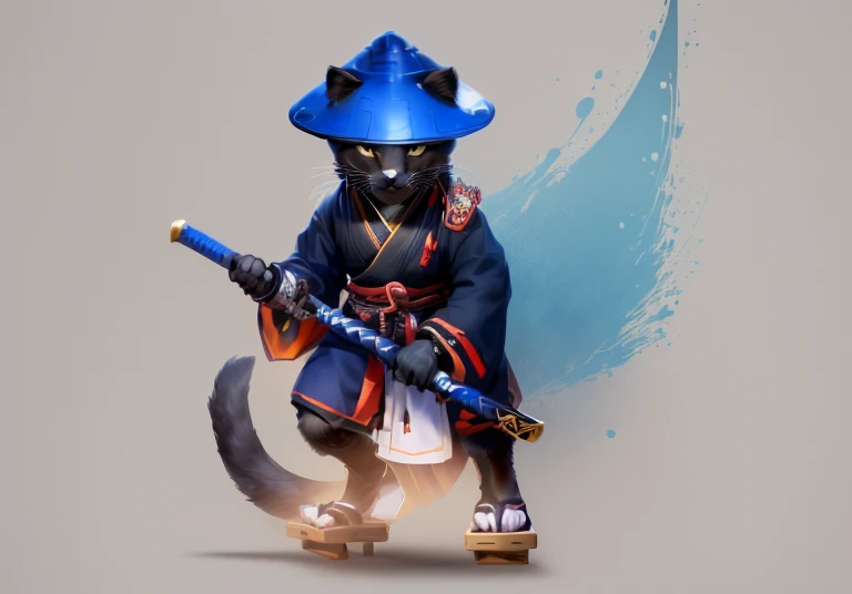 cartoon cat in a samurai costume holding a sword, anthropomorphic cat ninja, Samurai cat, Ninja Cat, cat the assassin, inspired by Kano Hogai, Warrior Cat, Monk Tabaxi, Based on Ryukosai Jokei, draw a cartoon cat in a blue hat with a sword and a blue hat, кота который гуляет по японской улочке с ящирецей коин геко - ящерика тоже в кимано и сандалях anthropomorphic cat ninja, Samurai cat, Ninja Cat, cat the assassin, Warrior Cat, Based on Ryukosai Jokei, Black bear samurai, based on Kawanabe Kyosai, Japanese cartoon style, Monk Tabaxi,inspired by Gatoken Shunshi