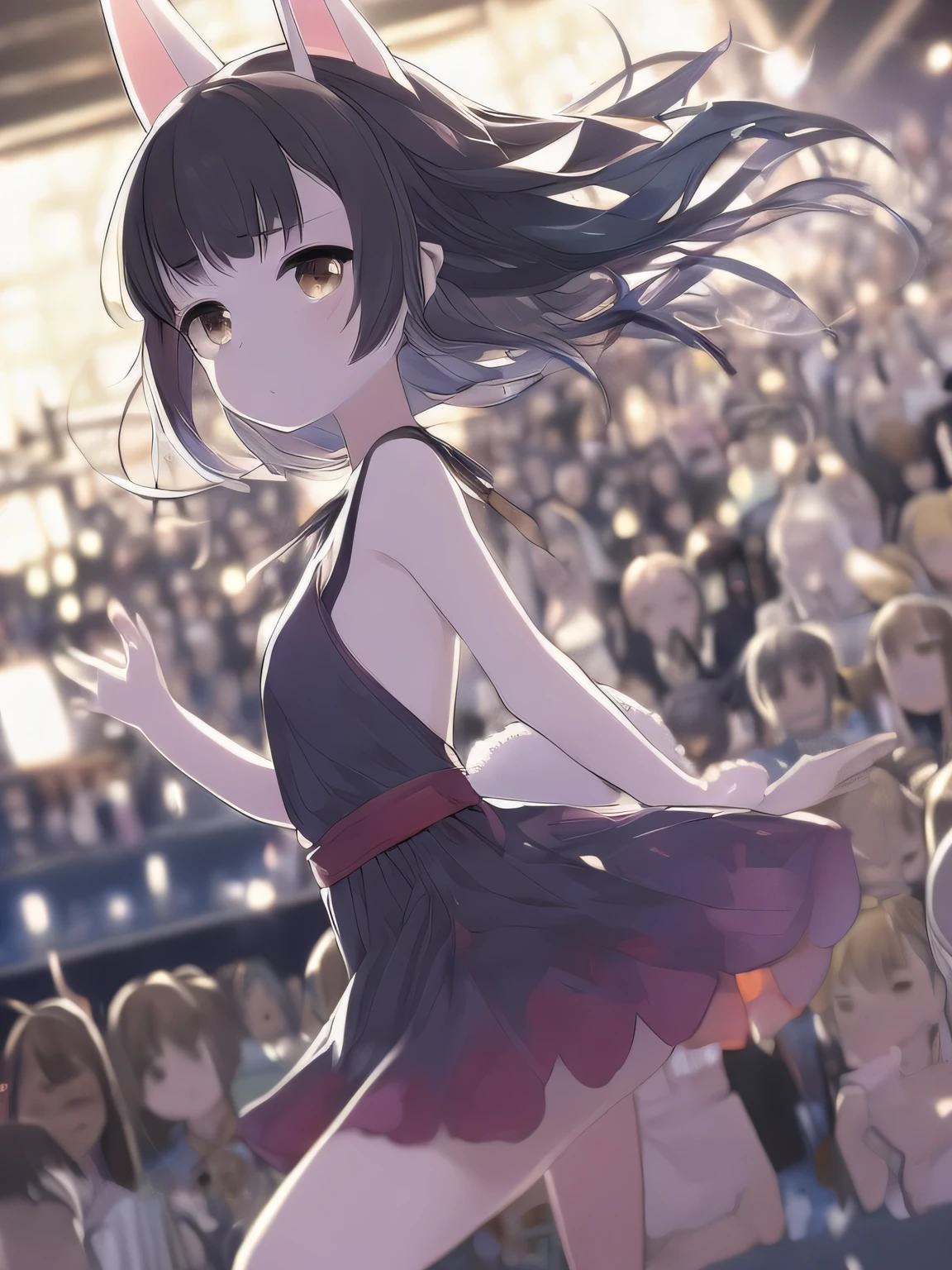 (Tabletop.highest quality).(Dynamic Low Angle、Hair blowing in the wind). (CG paintings with impressive detail),(A perfect image).(Rhythmic Gymnastics、Proud of the costume、Presenting to the audience)、Comic Strip.shape.1 girl.Detailed face、Kirara Jump、Perfect body.(Child body type、Small breasts、Thin chest)、Beautiful thighs、Beautiful belly、Perfect Face.Delicate face、Raise your arms、Proudly、Pull your chin in、A girl wearing a gorgeous off-the-shoulder dress、Overexposure、(Beautiful fashion that shows off belly and bare legs)、Breast flash、Rough skin、Long Hair、(Bunny ear girl)Bunny ear girl、((Beautiful brown eyes)).Delicate and Beautiful Eyes、Beautiful Eyes、Reflected Eyes、Embarrassingly.(Looking at the audience:1.3).(Red face:1)、8k wallpaper、Bold full shot、reflected light、Most detailed、Complex、Delicate background、Rough skin、Fine skin、(Super Resolution)、mini skirt、Chirarizum、(whole body、Beautiful whole body statue、 body type)