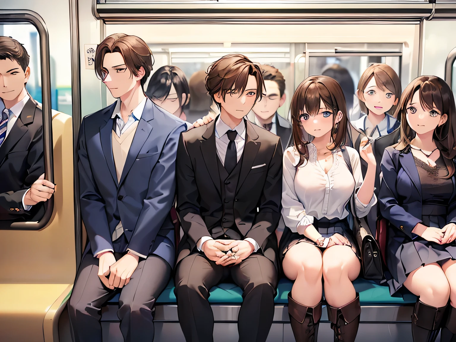 (Masterpiece, top quality, high resolution, realistic photos, realistic looking skin:1.1),
(Male-female couple on crowded train:1.5),
(A woman is leaning against the door of the train: 1.5),
(The man is caressing the woman: 1.8), 
(Other passengers are unaware of the action: 1.8),
(Man and woman are standing: 1.8),
(The woman has a pleasant expression on her face:1.8), 
(The woman is wearing a long-sleeved knit with a V-neck:1.5),
(woman is wearing a pleated miniskirt:1.5),
(woman is wearing knee-length boots: 1.5),
(woman's panties are white lace with a pattern on them:1.5), 
(The woman has medium brown hair: 1.5),
(The man is wearing a suit: 1.5),
(The man is a handsome young man: 1.5),
(Location is near the door in a crowded train: 1.5),
Full-bodied esbian, beautiful eyes, shining eyes, shining thighs, NSFW