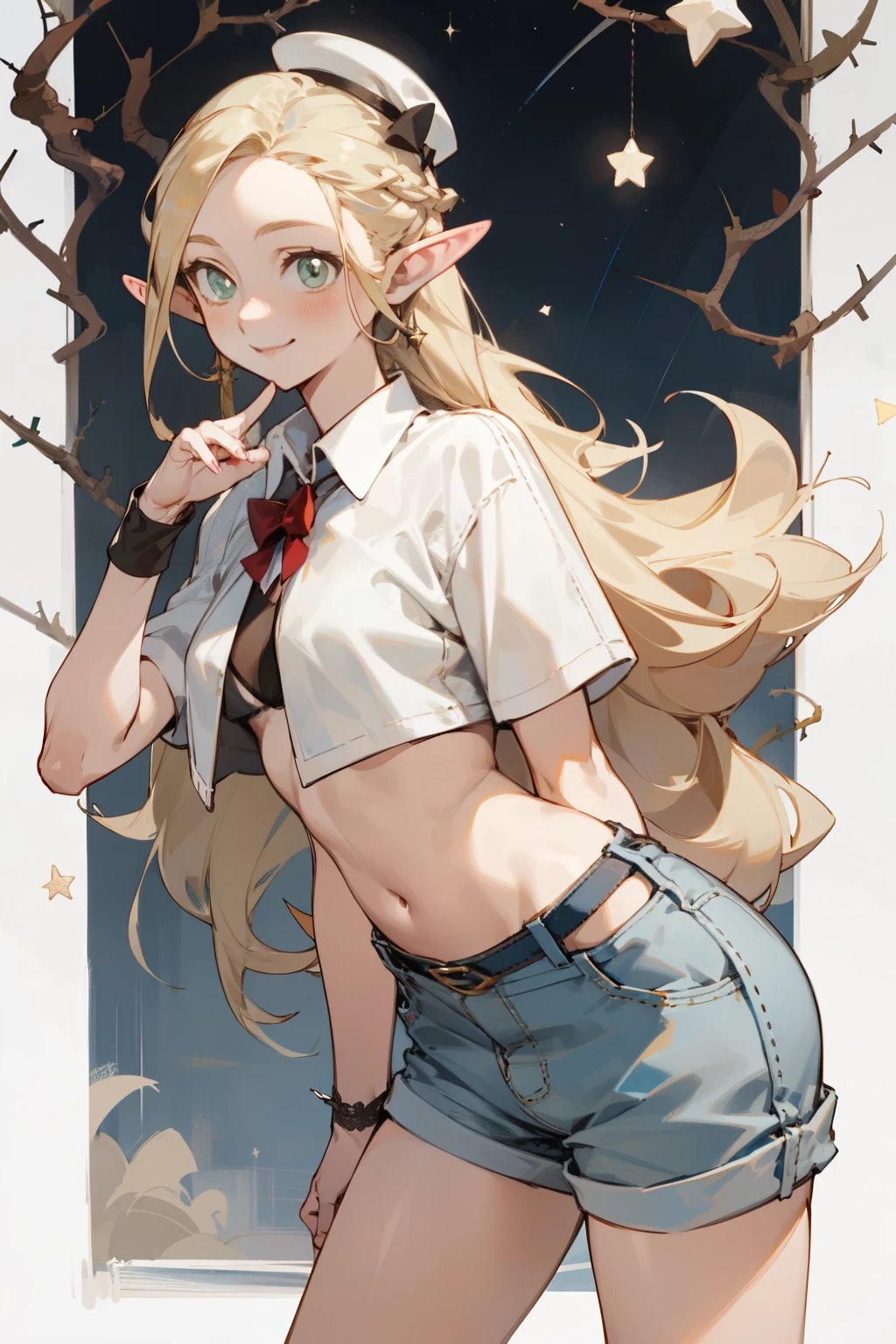 A bikini、Blonde girl wearing hat and silver accessories ,elegant, Pointed ears ,White shirt and shorts,Waist-length hair,Smile,Star decoration,White lace socks,thorns,Rose