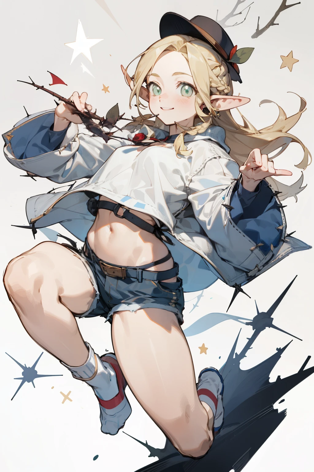 highest quality, extremely detailed, muste piece, (1 12 year old girl(full body figure):1.3), (small curvaceous ), (frontal pose), 
(Pantyhose over shorts:1.6), (pantyhose up to navel:1.6), (high neck body stockings(パンストand離れた:1.6)), 
(stomach is naked、high neck body stockings:1.4), インナーandパンストは繋がっていない, Cover only the chest, 
(Jacket is worn up to the shoulders:1.2), (wear a short sleeve jacket:1.3), (Roll up the sleeves of a short sleeve jacket:1.3), 
(Deep-rise, fold-in denim shorts:1.3), (shorts with neat creases:1.3), (smirk1.1), (show teeth), 
(naked belly:1.4), [belly fat:1.4], [muscular:1.4], (cute legs:1.1), (Slender stomach:1.3), 
(Long brown gloves that reach above the elbow:1.5)and(thimble rider gloves:1.1), (Simple belt-shaped black choker:1.3), 
(light blue beret), (mid blue long hair:1.4), (red eyes(Twinkling Eyes):1.3), (Cool boots that reach up to the calf:1.3), Serra, 