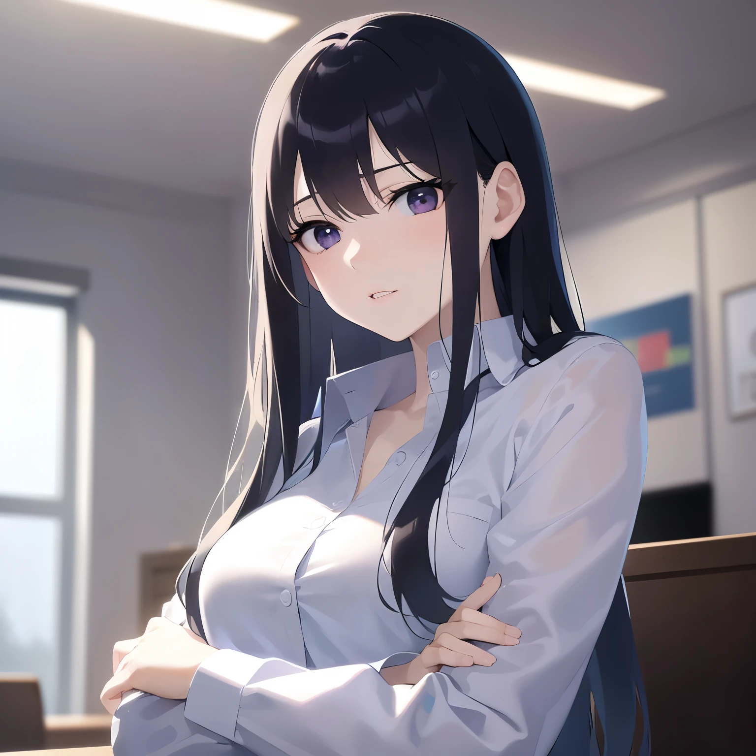 Shooting from below、Arms crossed、 Upper Body, Realistic, real person, (pale skin: 1.2), RAW photo, photorealistic, portrait photography, shiny skin, shiny hair、(A 25-year-old woman with straight hair and bangs) and (medium hair) and (black hair) and (purple eyes) , (business suit:1.5) and (white shirt)、Expressionless, Background is an office room、Alone、Are standing