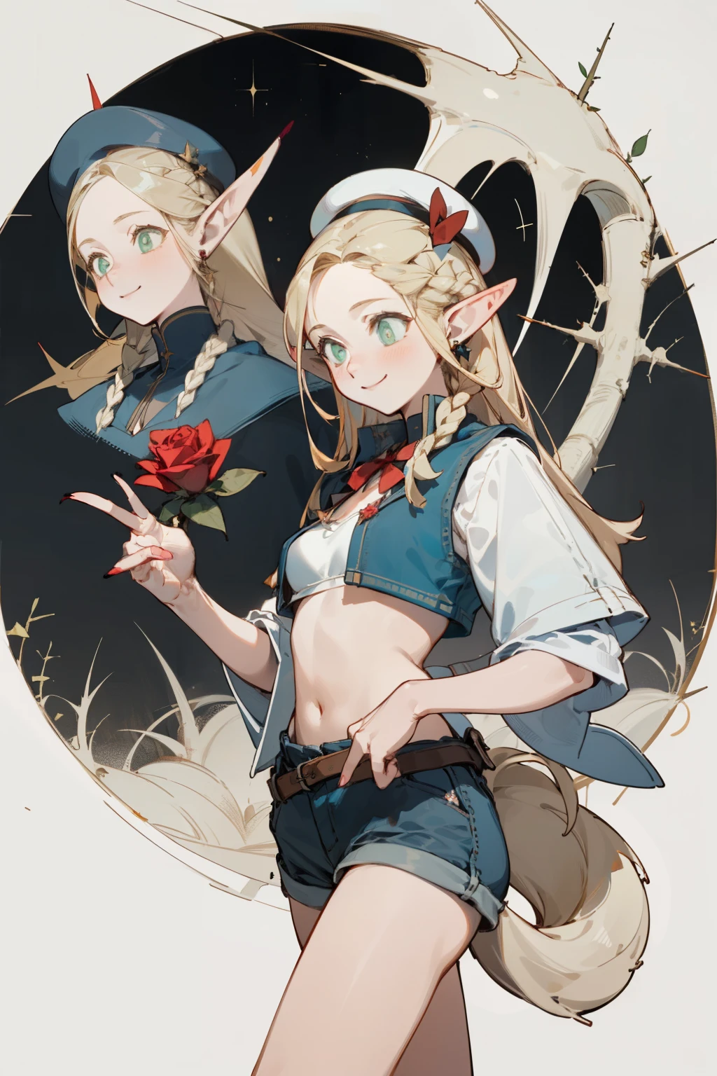 A bikini、girl in a hat,(masterpiece, best quality) detailed,silver accessories , Blonde ,elegant, Pointed ears ,White shirt,shorts,Double tail,Waist-length hair,Smile,Star decoration,White lace socks,thorns,Rose,Vest line