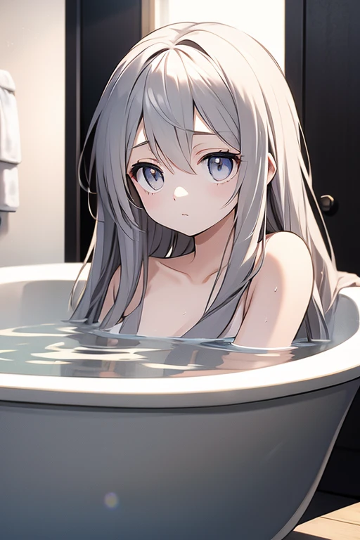 Gray Hair long hair Droopy eyes Young Girl Taking a bath