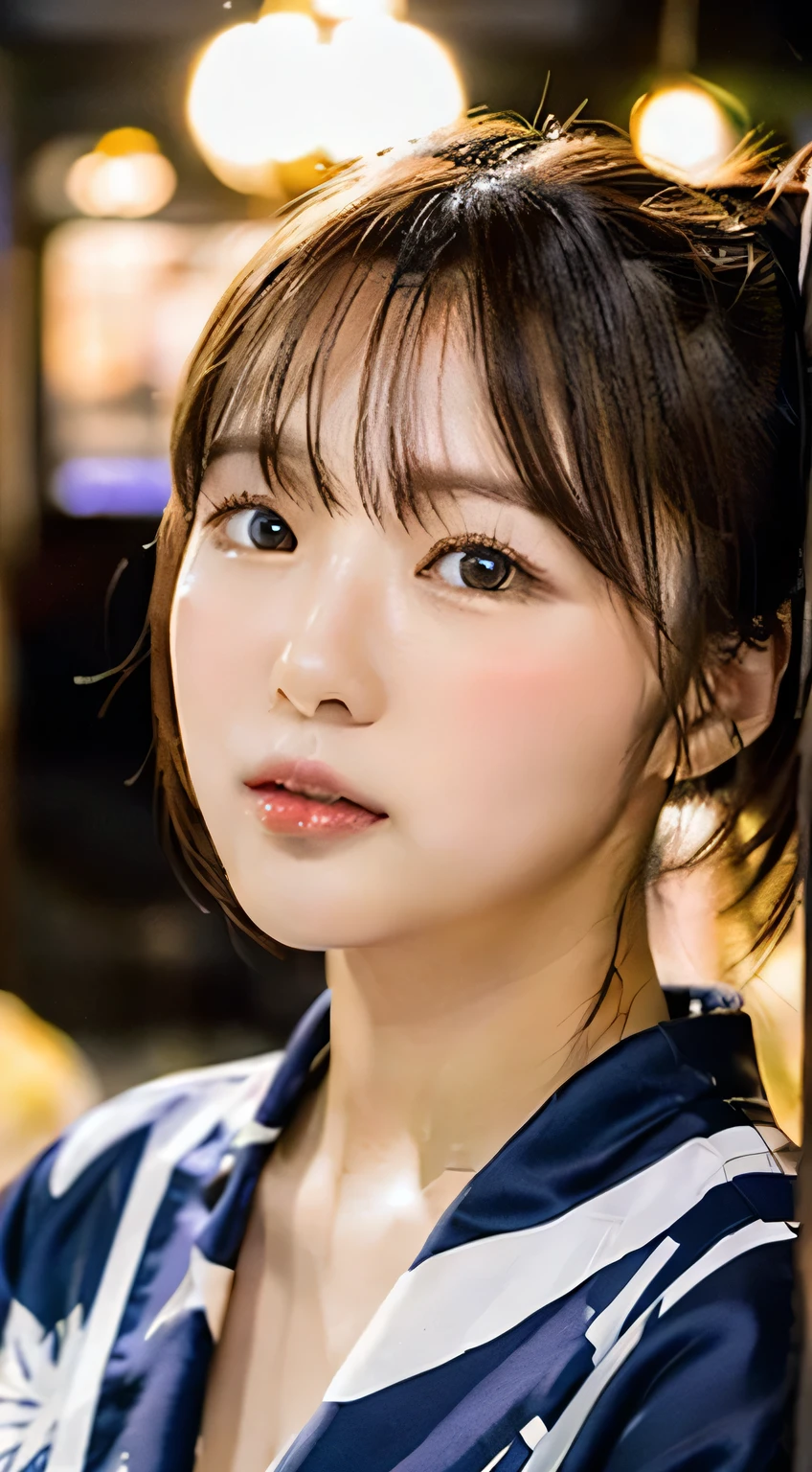 highest quality, The finer details, (Beautiful single girl))), Highly detailed eyes and face, firework, yukata, looking up at firework, ponytail, Large tear bags, double eyelid