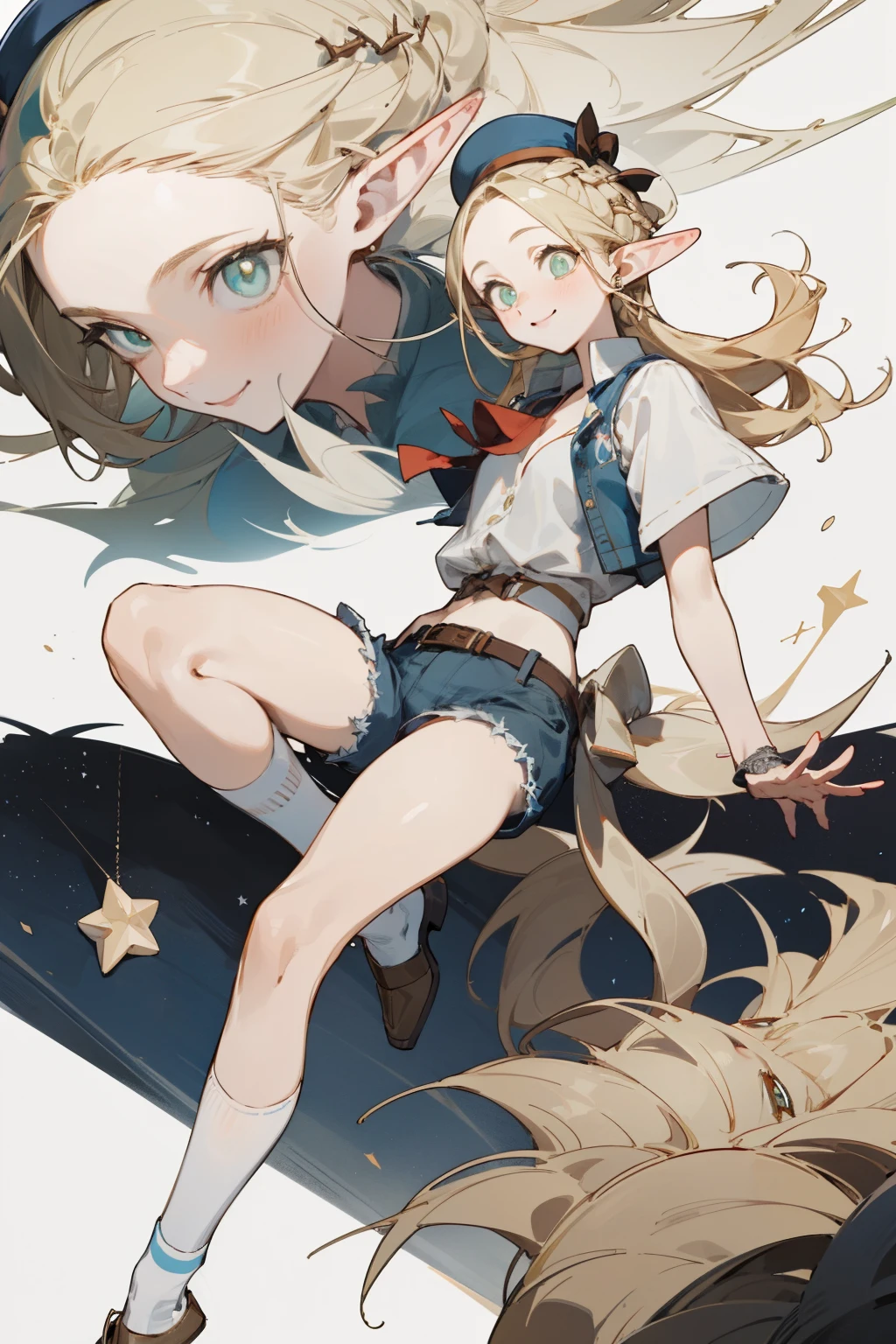A bikini、girl in a hat,(masterpiece, best quality) detailed,silver accessories , Blonde ,elegant, Pointed ears ,White shirt,shorts,Double tail,Waist-length hair,Smile,Star decoration,White lace socks,thorns,Rose,Vest line