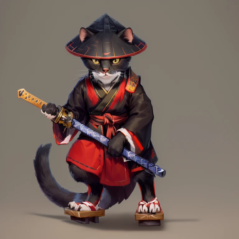 cartoon cat in a samurai costume holding a sword, anthropomorphic cat ninja, Samurai cat, Ninja Cat, cat the assassin, inspired by Kano Hogai, Warrior Cat, Monk Tabaxi, Based on Ryukosai Jokei, Black bear samurai, inspired by Gatoken Shunshi, he walks along a Japanese street with a lizard Koin Geko - the lizard is also wearing a kimano and sandals , fully preserve the cat image and art style