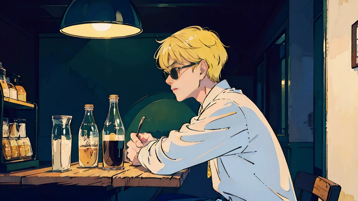 sitting in a cafe at night、Cool and handsome Asian boy with blonde hair, Wearing sunglasses、Visible from the window, Perfect Face, White shirt, Neon Black, (Backlight: 1.1), Hard Shadows, masterpiece, highest quality, Complex, Model shooting style, Vintage, Film Grain、Natural Body、profile、Photo taken from a distance、Draw the whole cafe、every day、coffee