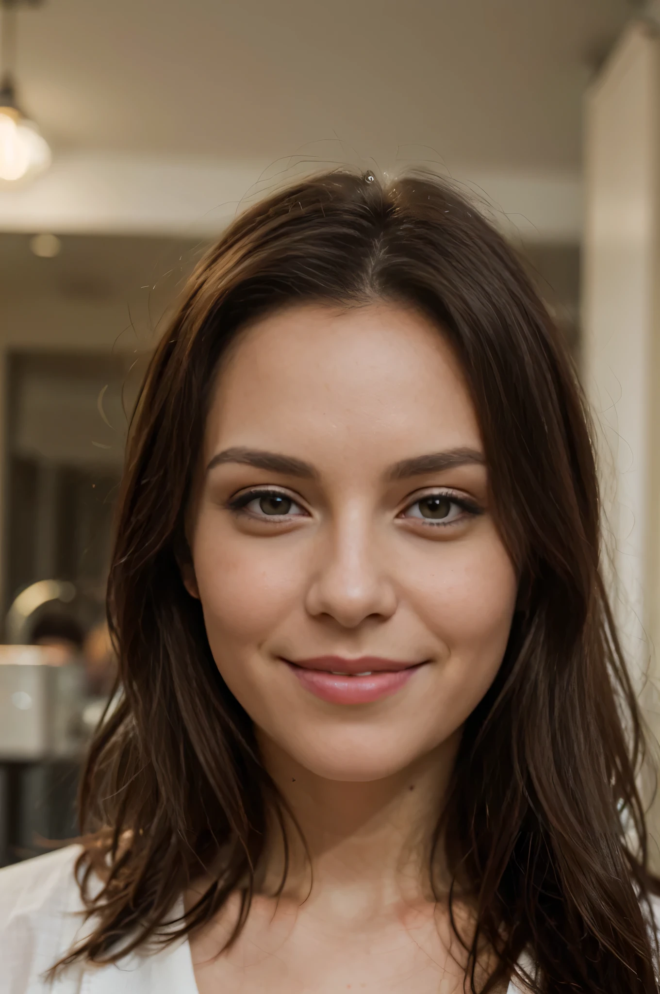 eine Frau, 35 Jahre alt, long brunette hair, , strukturierte Haut, romantic smile, viele Details, close up of the face, front view, looking directly in the camera