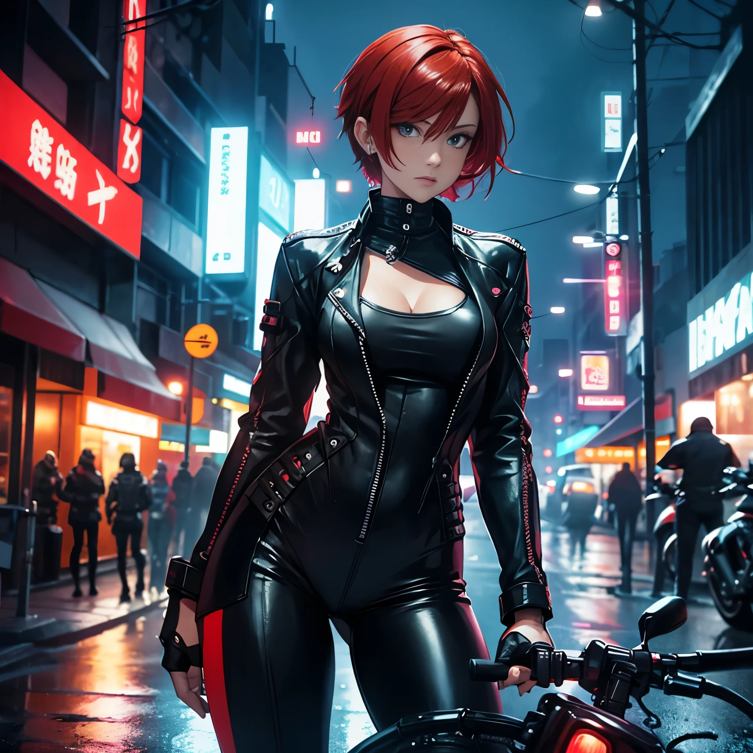 biker girl, motorcycle, Leather one-piece garment, Short hair, Dark colors, Cyberpunk, Neon lights, Red hair, Sexy, tightsuit, Night, the city street, mitts, rain