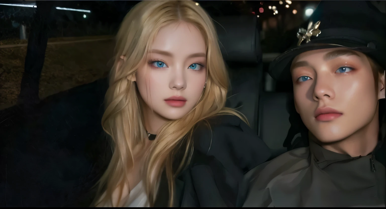 blonde woman with blue eyes and a man in a hat, obras de arte no estilo de guweiz, parque roseanne de blackpink, inspirado em Yanjun Cheng, Retrato de Jossi do Blackpink, Loish e Ross Tran, artista coreano, 8k art german bokeh, coreana, Ulzzang, fotorrealista!!!!!!! Estilo de arte, estilo de arte realista