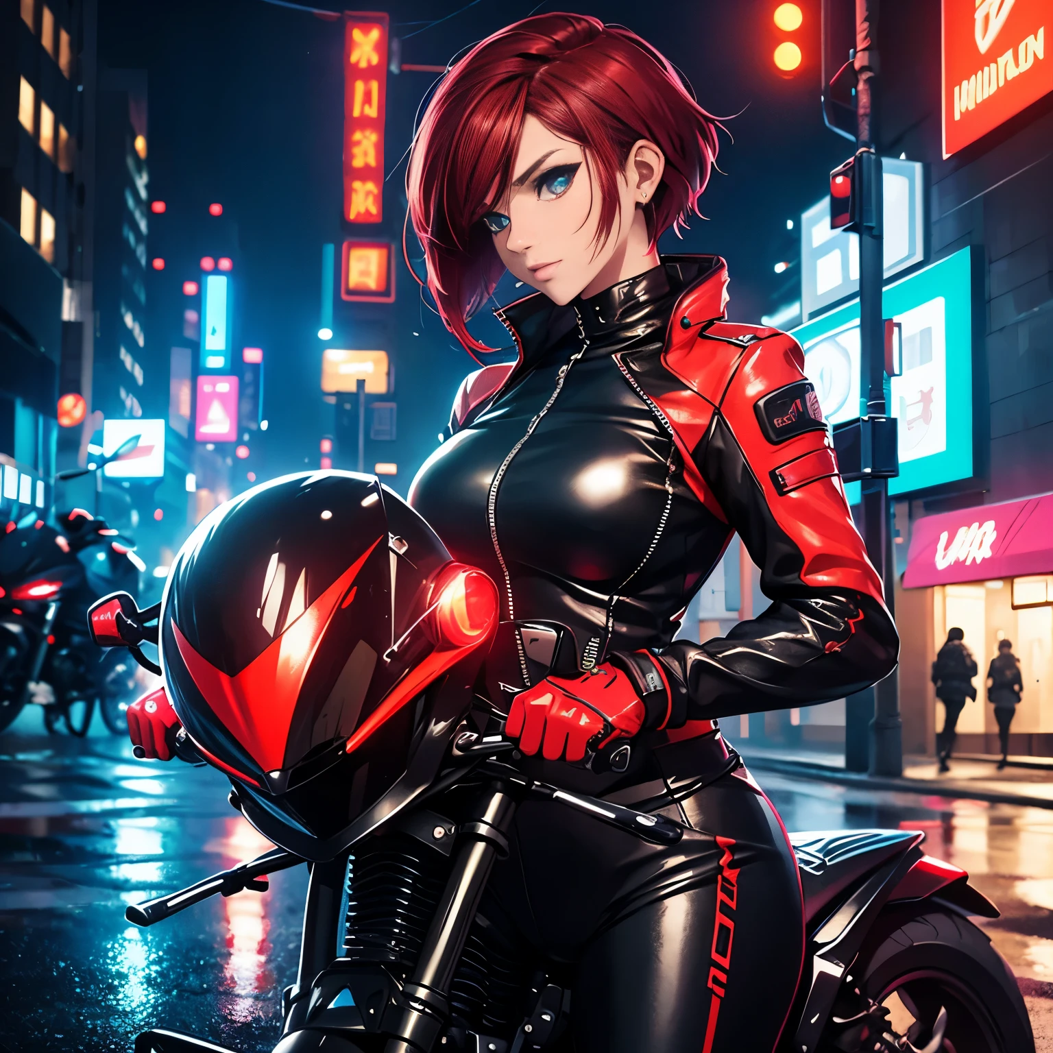 biker girl, motorcycle, Leather one-piece garment, Short hair, Dark colors, Cyberpunk, Neon lights, Red hair, Sexy, tightsuit, Night, the city street, mitts, rain