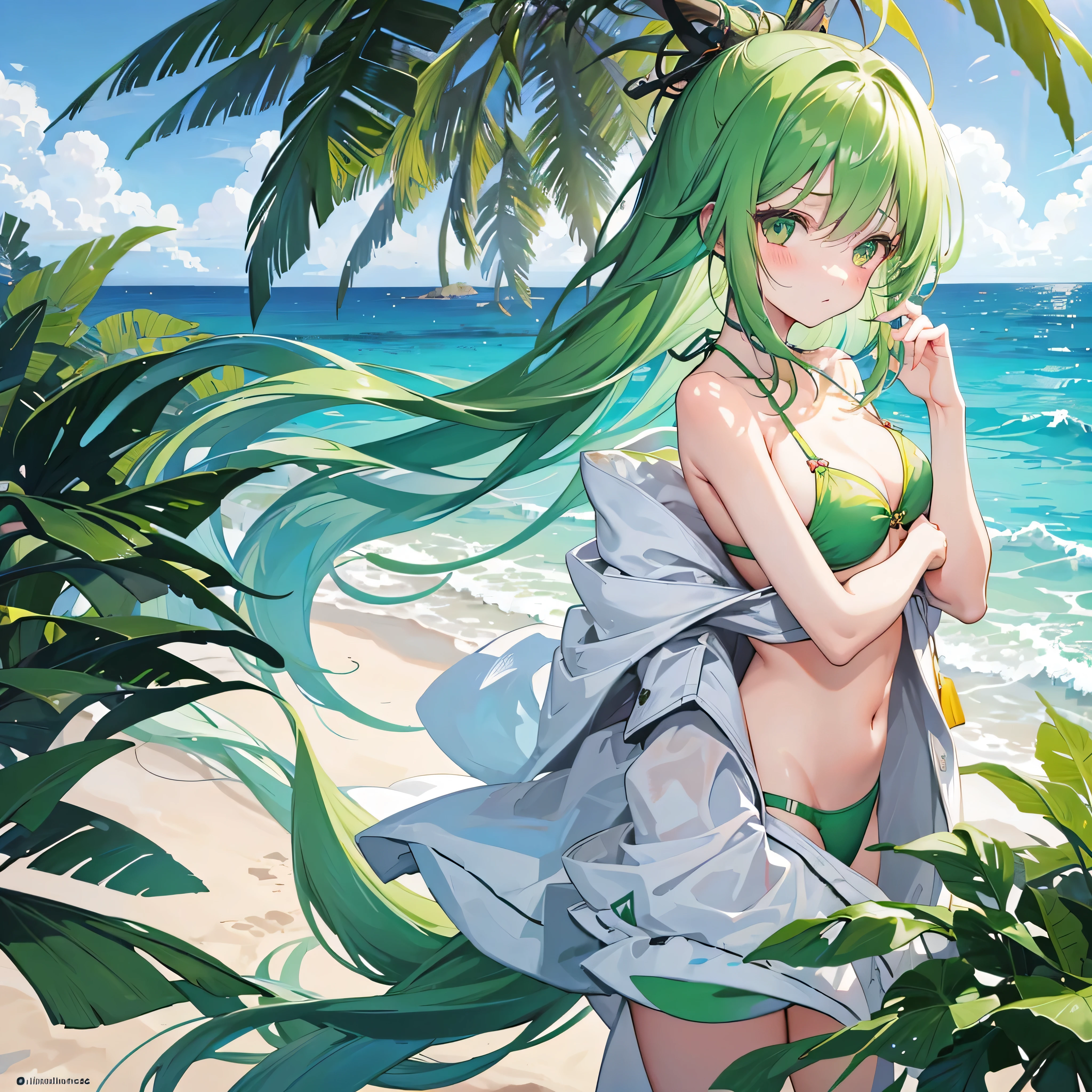 Shy girl,long green hair, on the beach, palm trees and sea on the back, in a balcony, blushing,8k, right hand moving her hair a little back a little, left hand neutral, gteen bras and green bikini, med , a litte wer