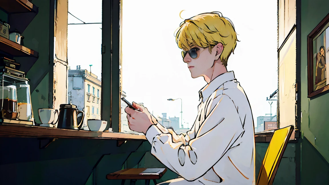 sitting in a cafe at night、Cool and handsome Asian boy with blonde hair, Wearing sunglasses、Visible from the window, Perfect Face, White shirt, Neon Black, (Backlight: 1.1), Hard Shadows, masterpiece, highest quality, Complex, Model shooting style, Vintage, Film Grain、Natural Body、profile、Photo taken from a distance、Draw the whole cafe、every day、coffee
